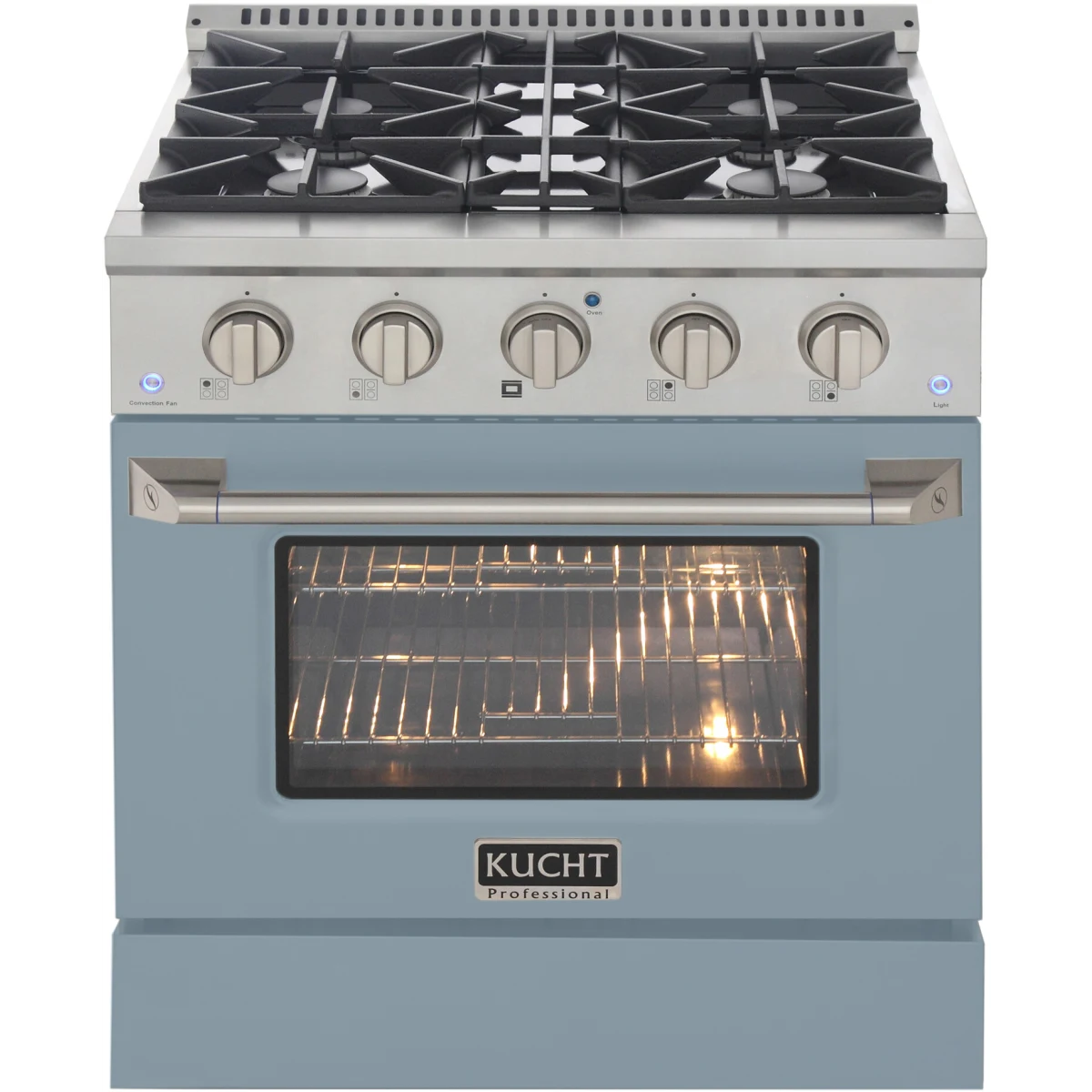 Light blue dual fuel range with four black gas burners, knobs, and oven window