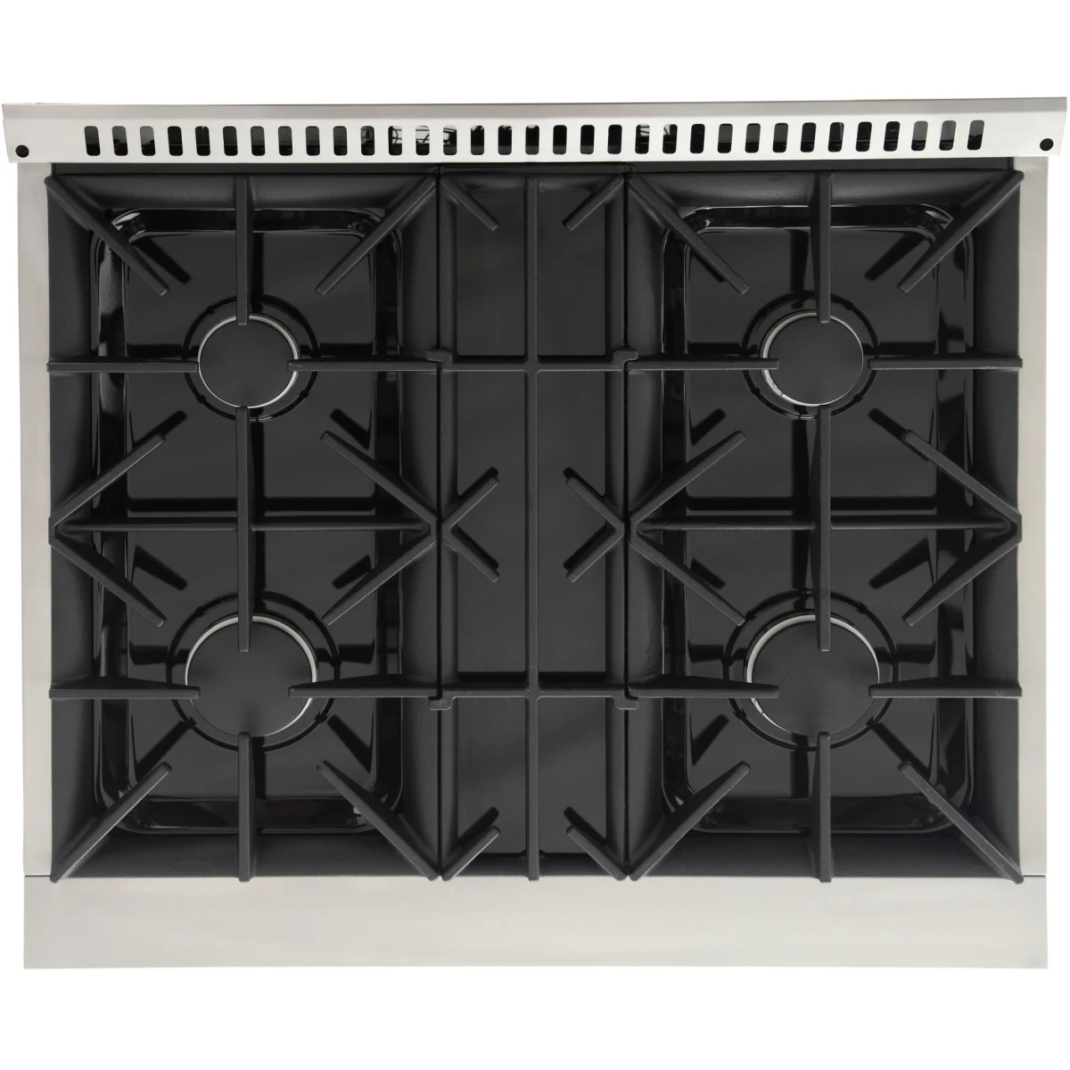 Light blue range cooktop with four black cast-iron burner grates
