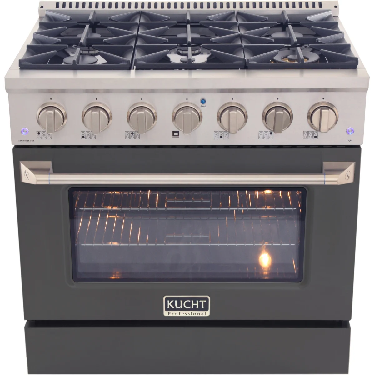 Kucht dual fuel range in cement gray, five burners and oven door window.