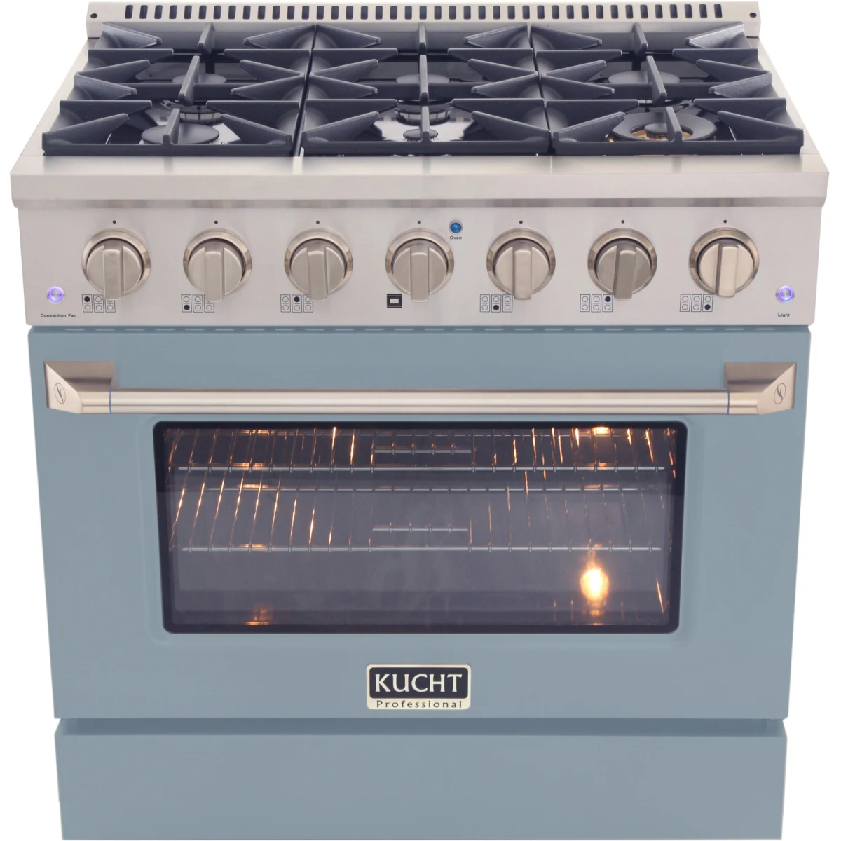 Blue dual fuel range with six control knobs and glass oven door