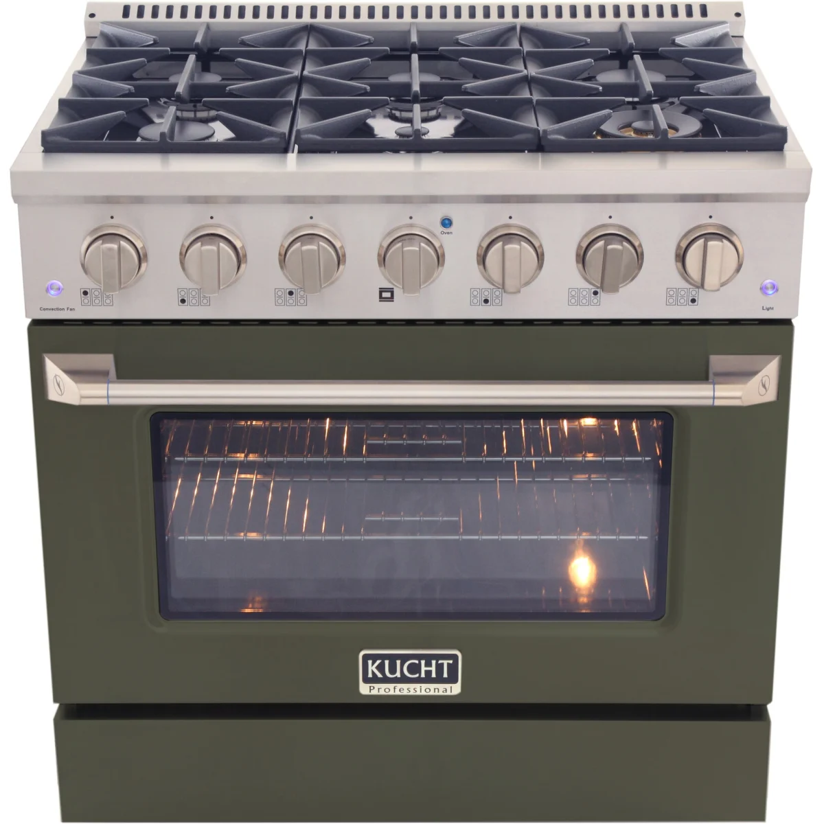 Olive green Kucht 36-inch dual-fuel gas range with 5 burners and lit oven window