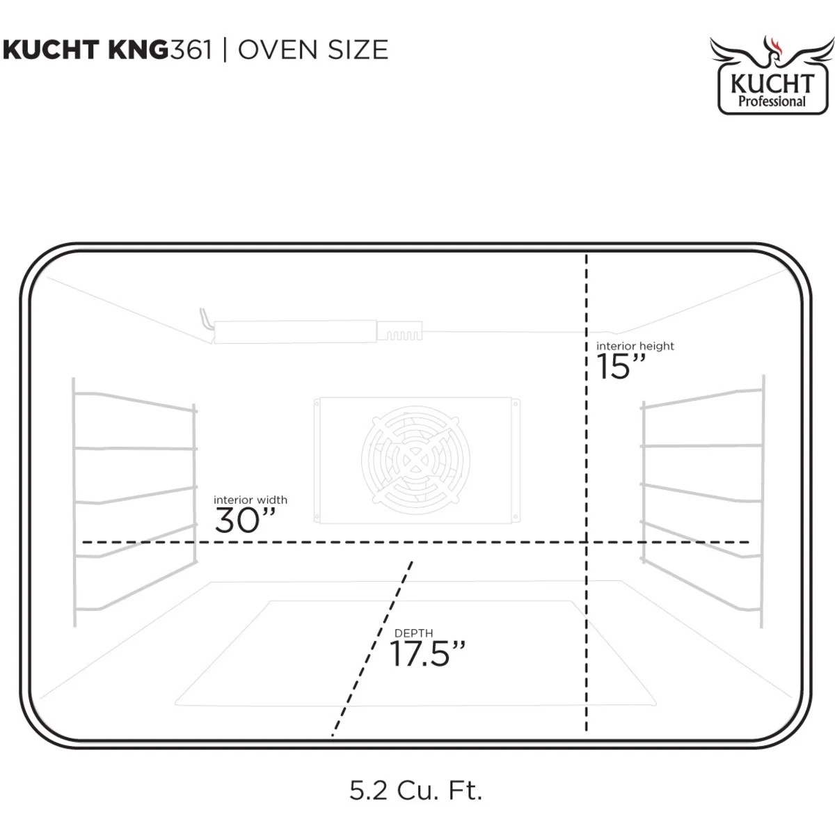 5.2 cu ft oven size diagram showing 30 in width and 17.5 in depth