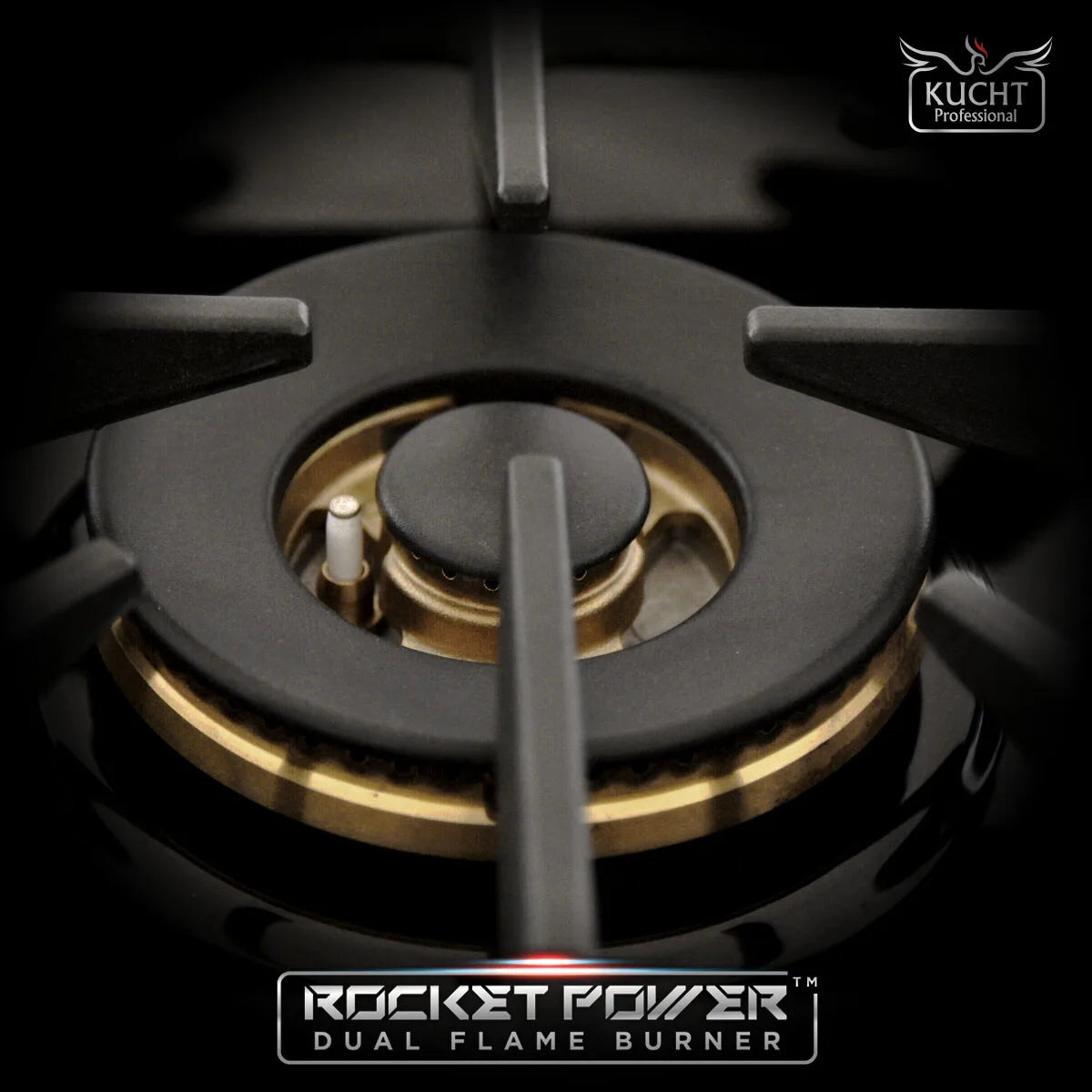 Dual flame gas burner head with black grates and bronze ring