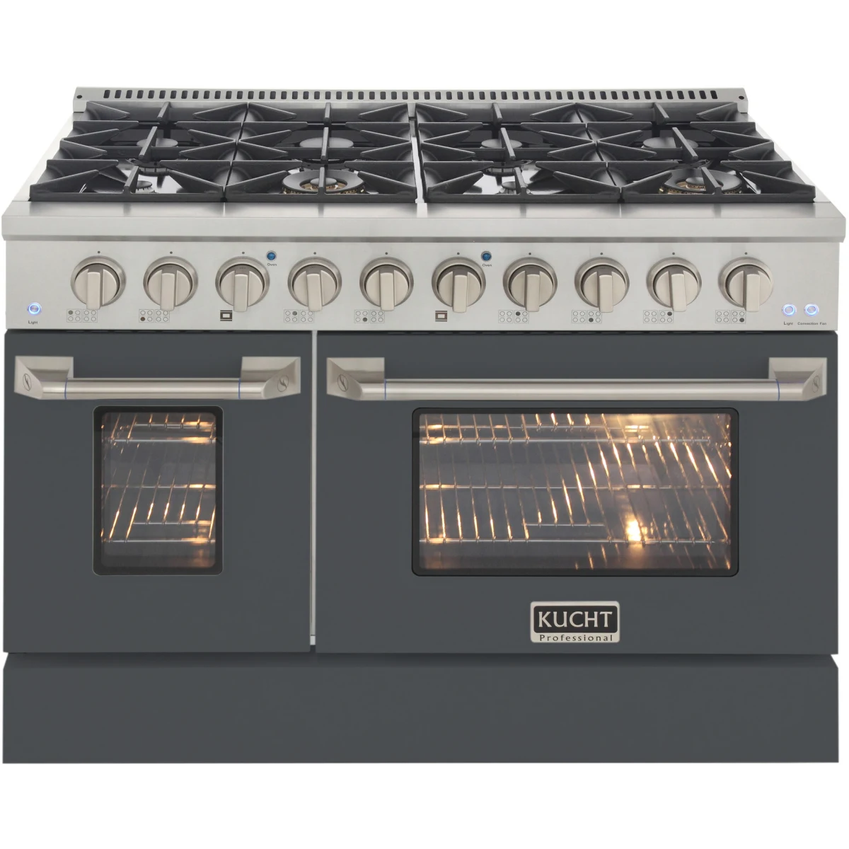 Cement gray dual fuel range front with knobs and two lit oven windows