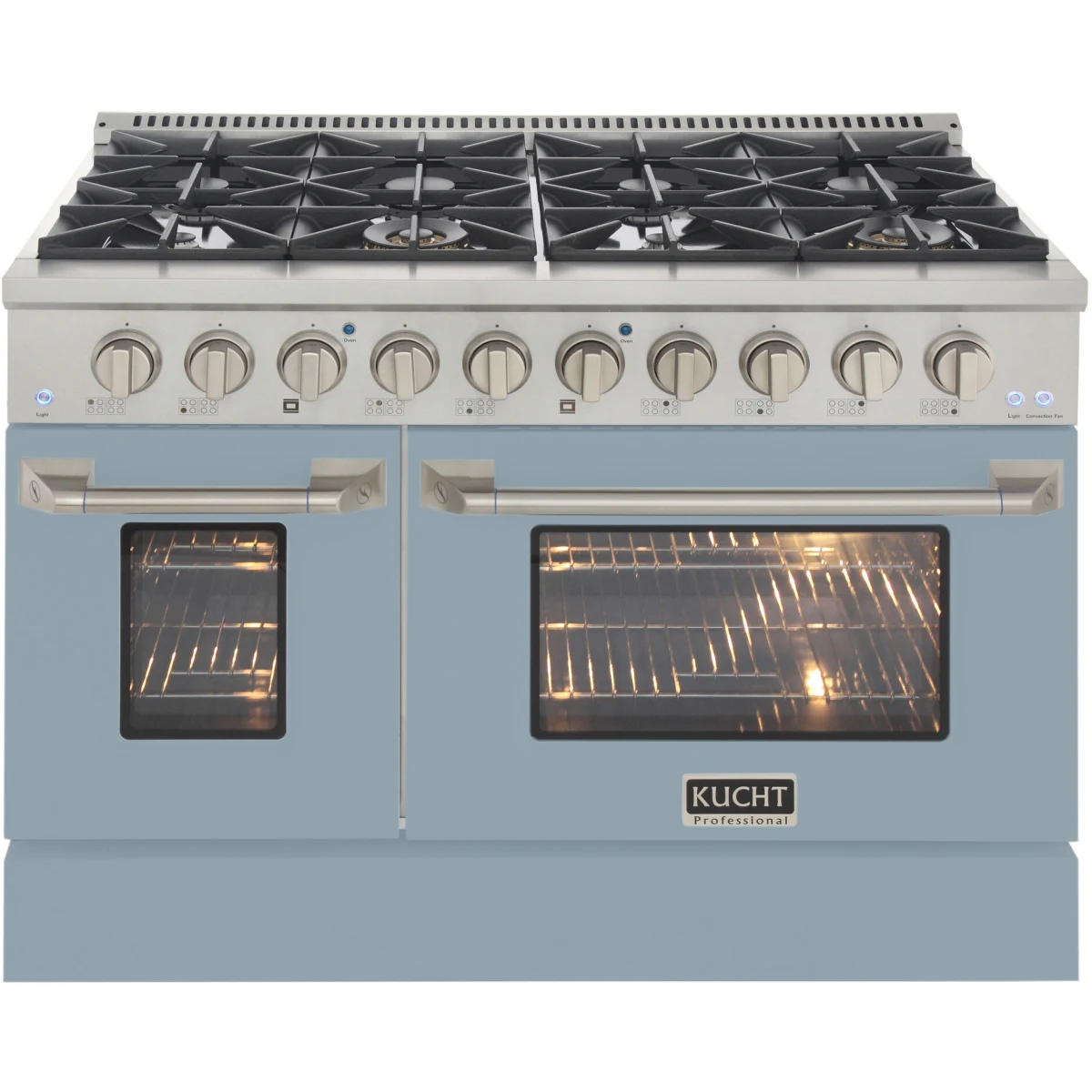 Little blue dual-fuel range with multiple burners and two oven windows