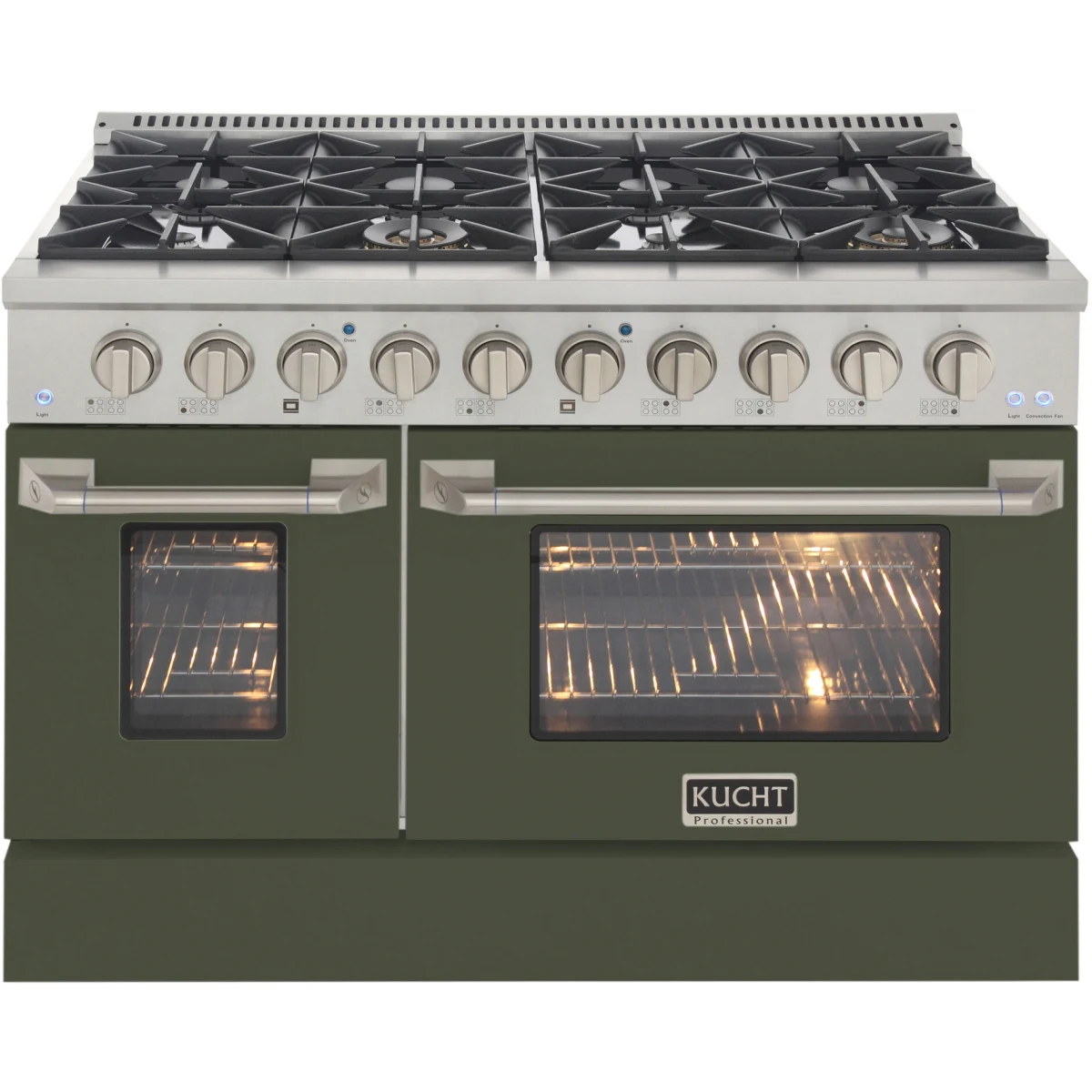 Olive dual-fuel range front with control knobs and two lit oven windows