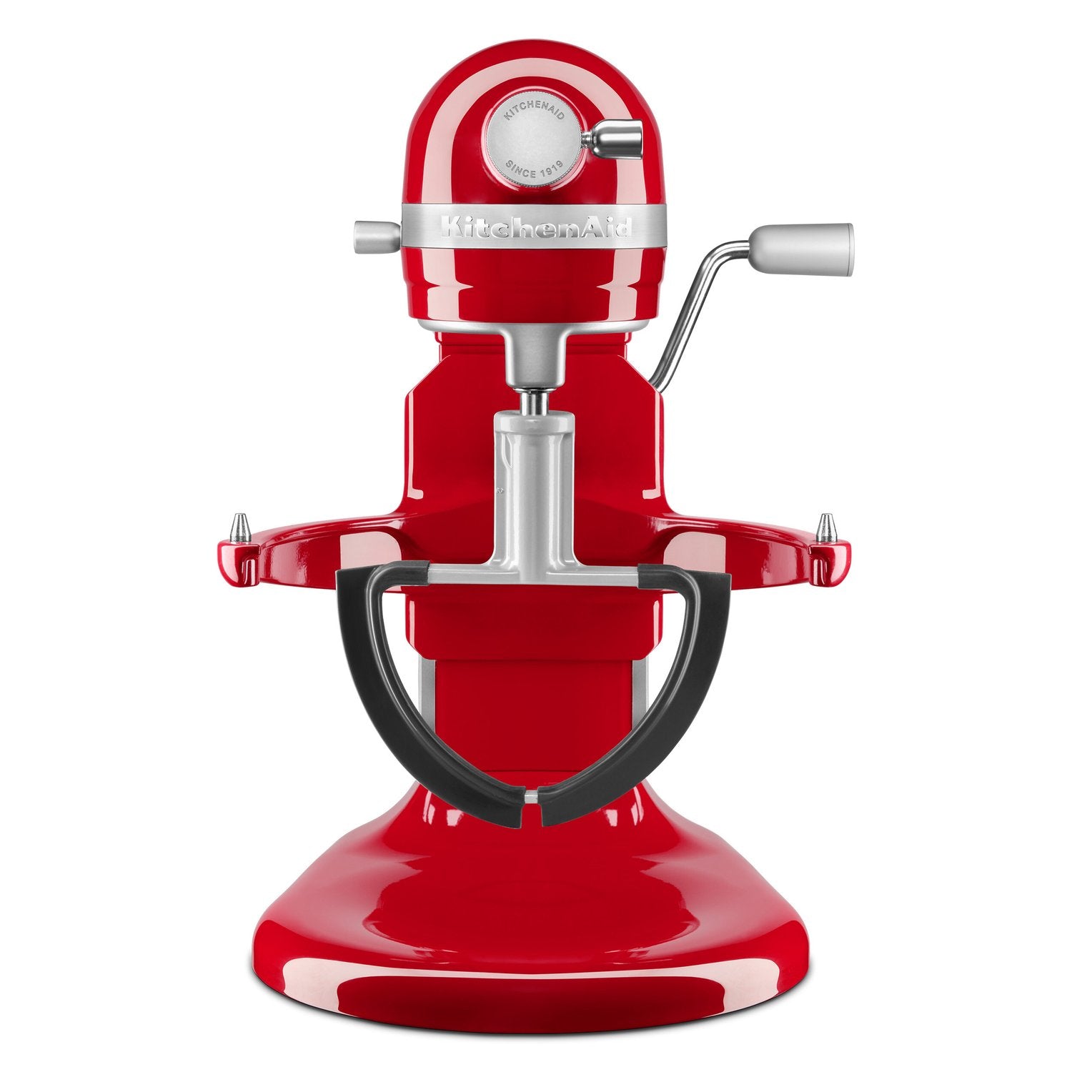 Double flex edge beater on a red stand mixer, front view