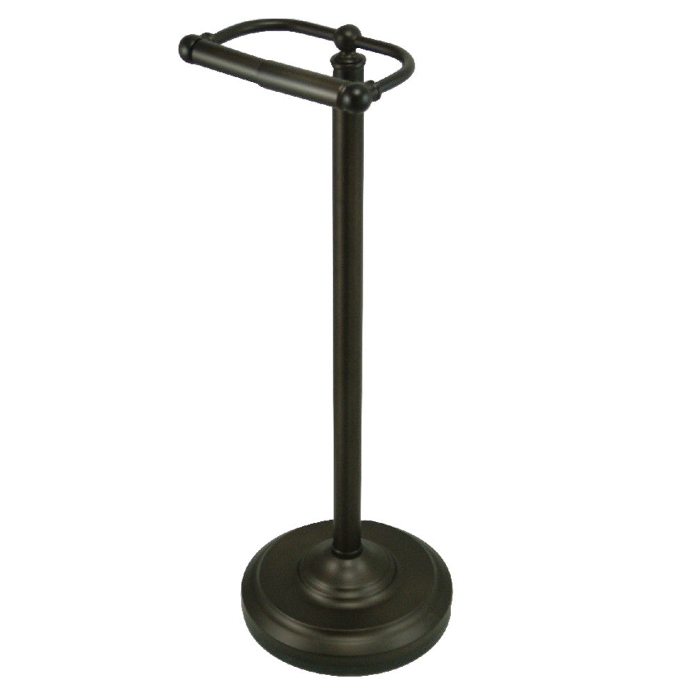 Freestanding toilet paper holder standing on round base, oil-rubbed bronze metal