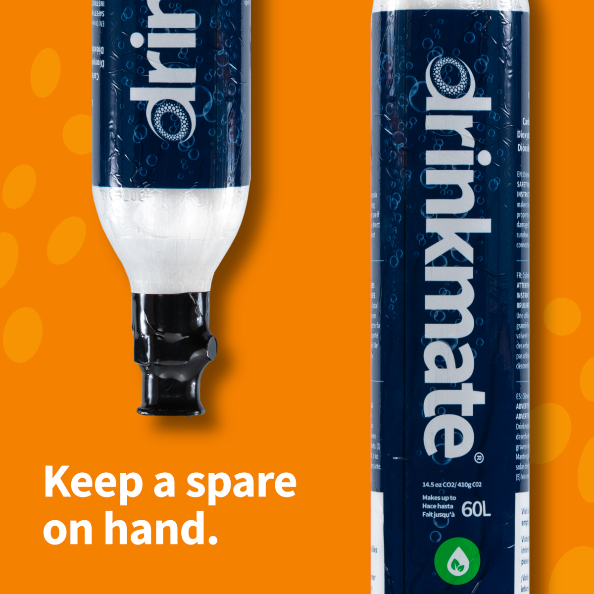 Close-up of Drinkmate CO2 refill cylinder valve and blue label on silver body