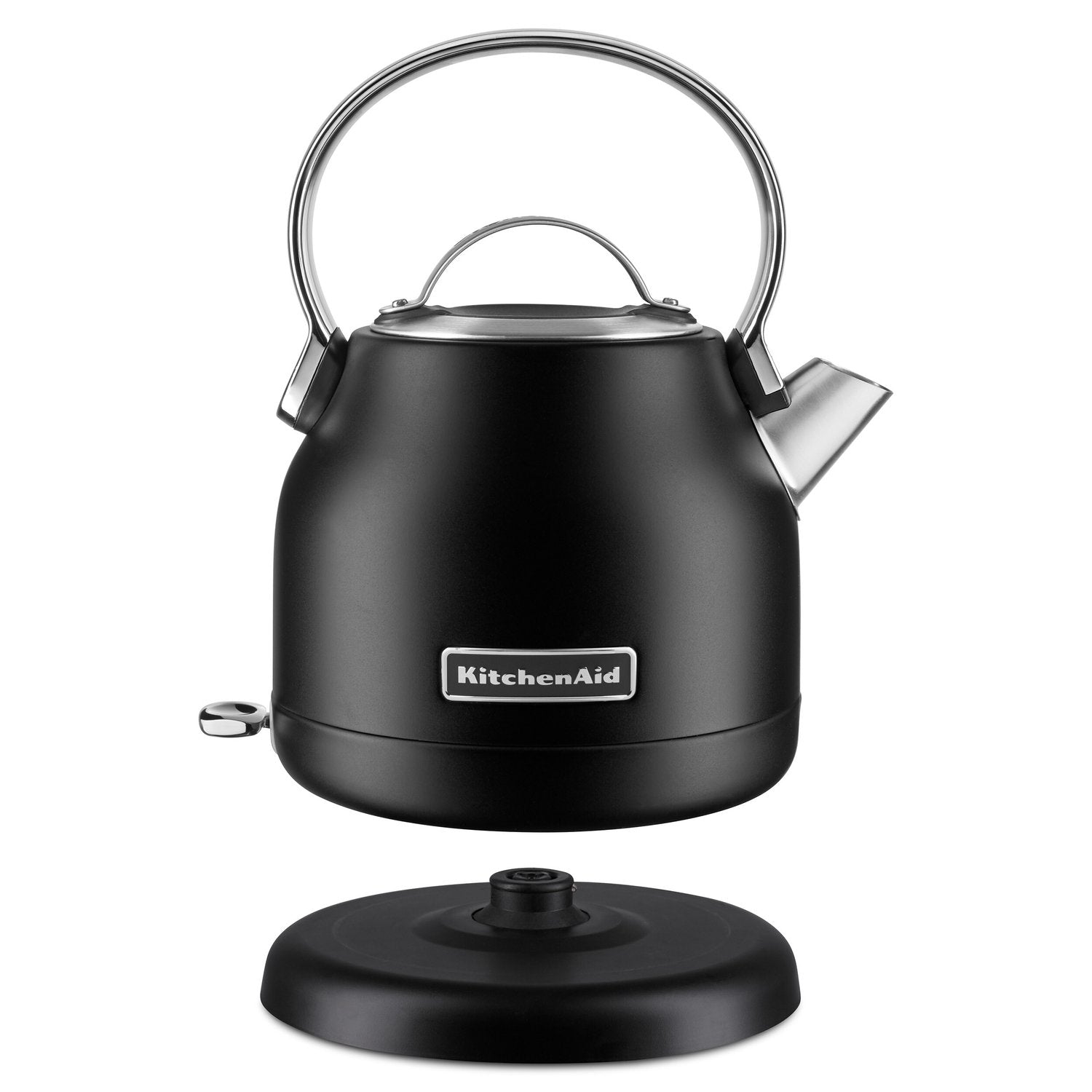 Black matte electric water kettle with circular base and stainless lid handle