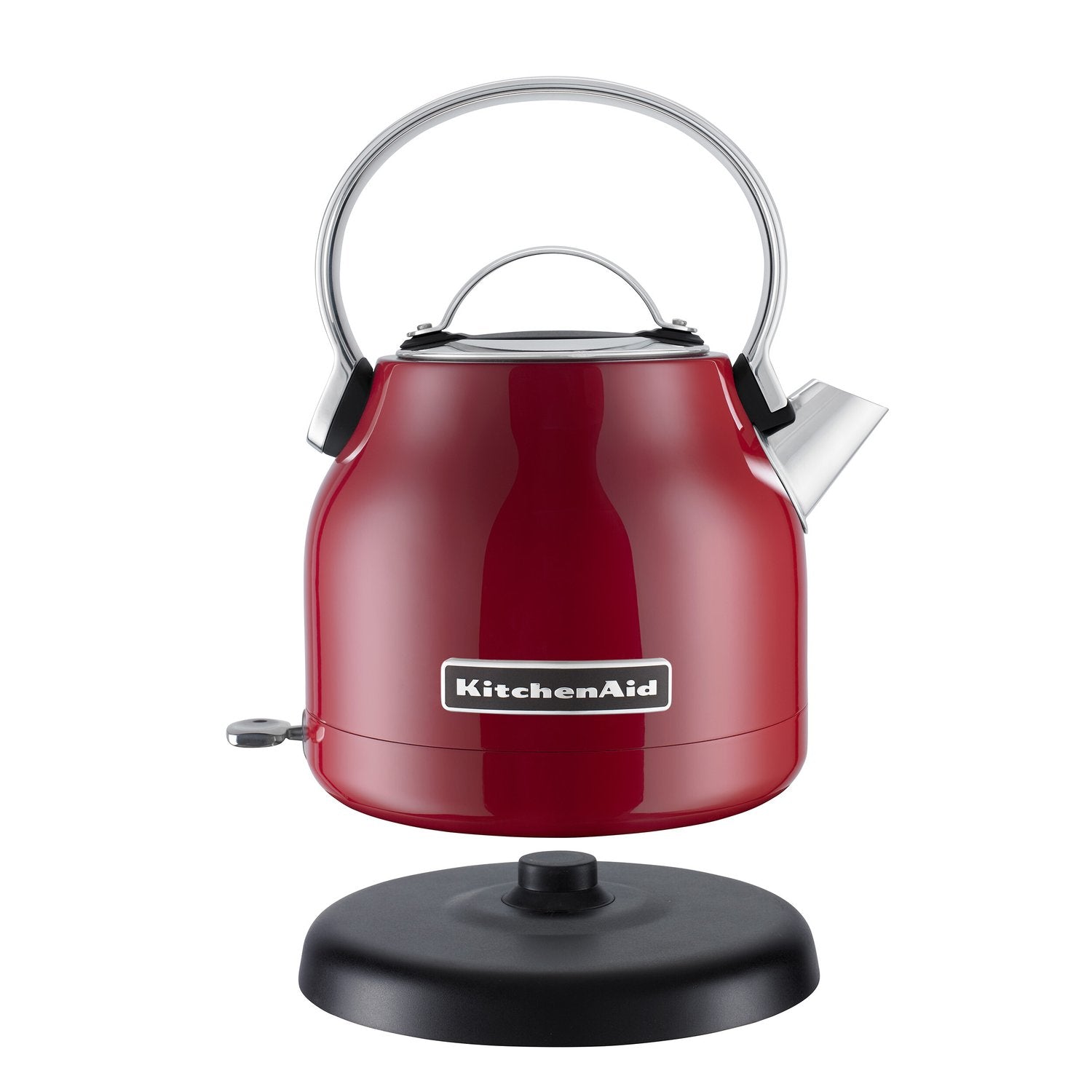 Electric water kettle in glossy red with handle, lid, and black base