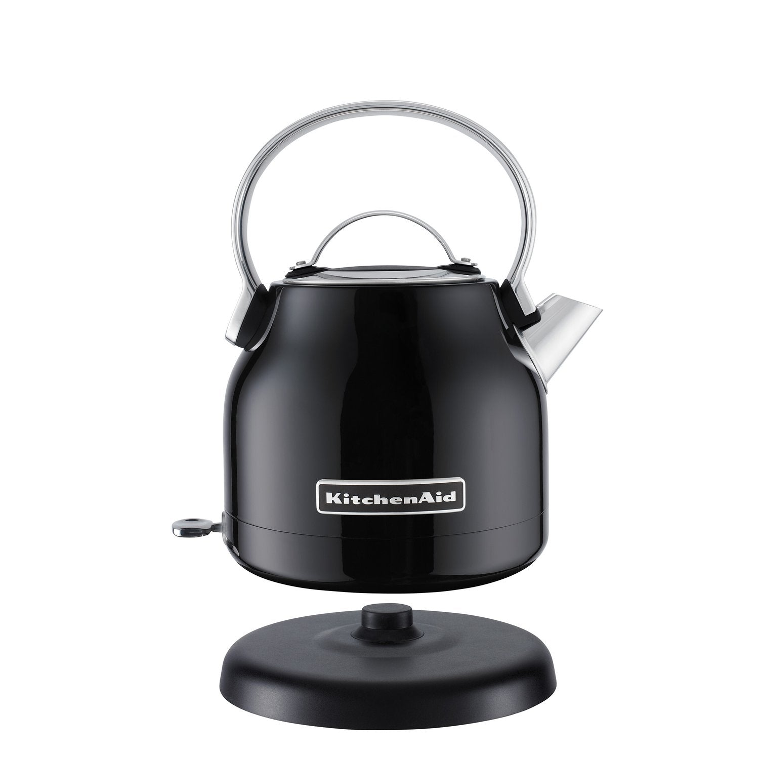 Onyx black electric water kettle on base with metal handle and spout