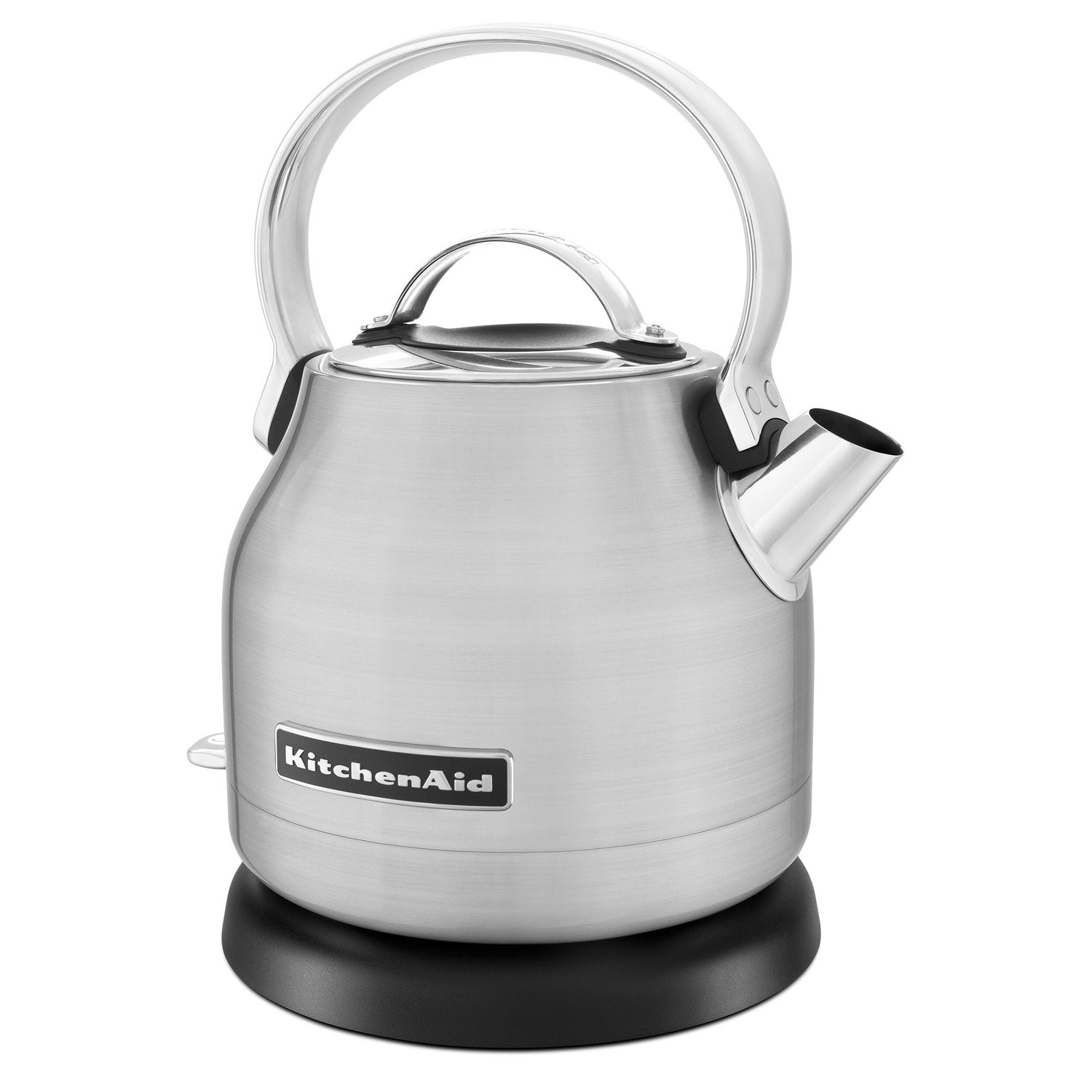 Brushed stainless electric water kettle with lid, KitchenAid badge, black base