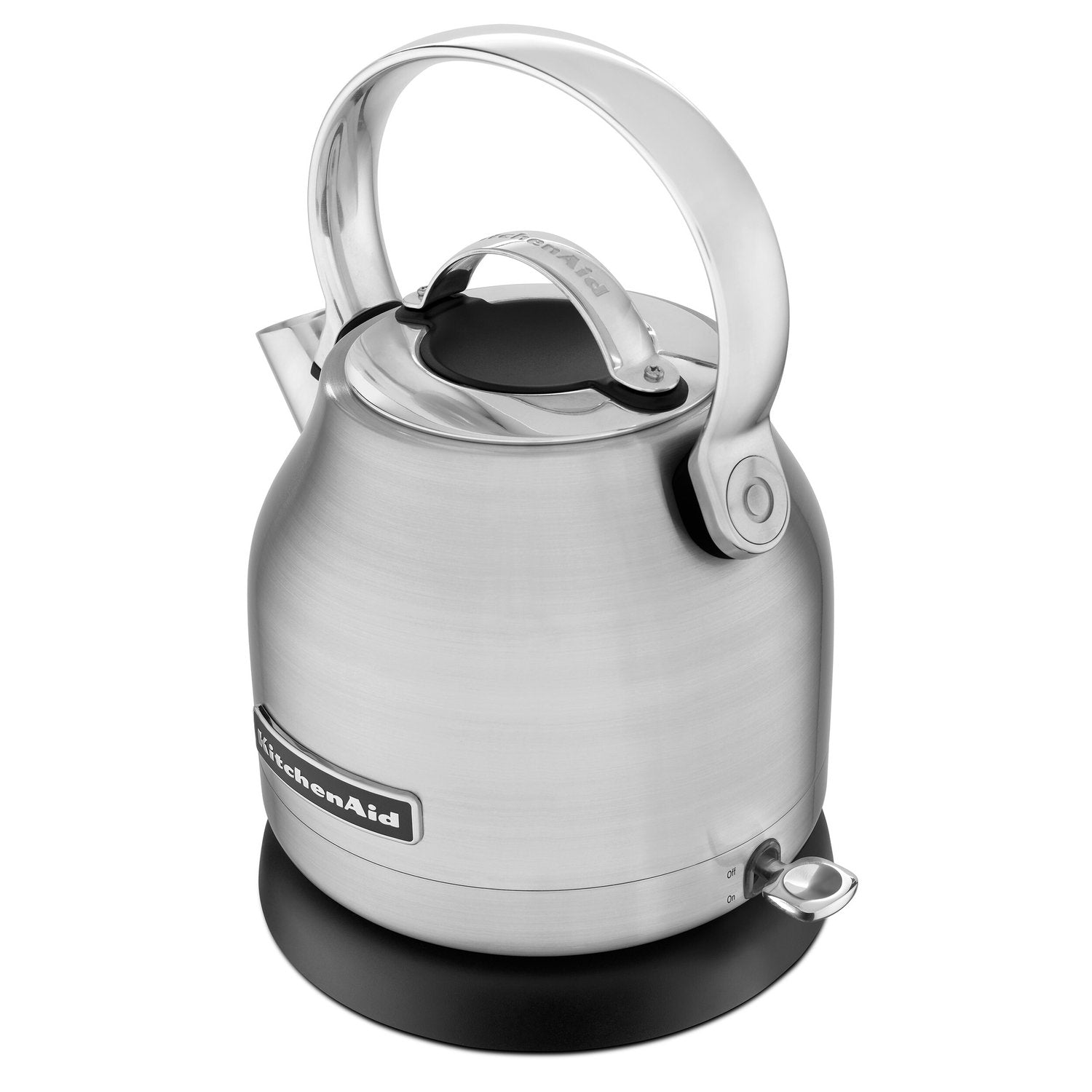 Brushed stainless steel electric water kettle with handle and lid, black base