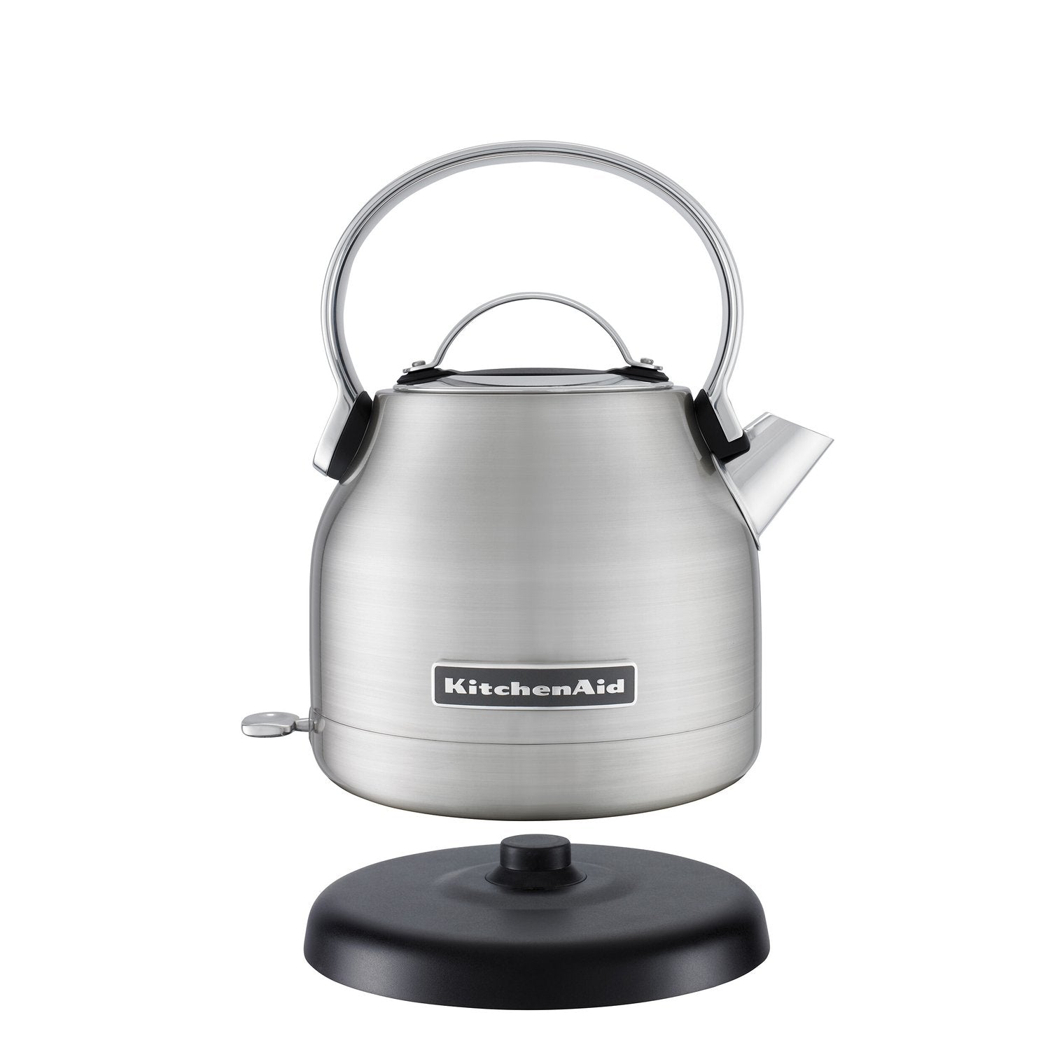 Brushed stainless steel electric kettle with loop handle and black base