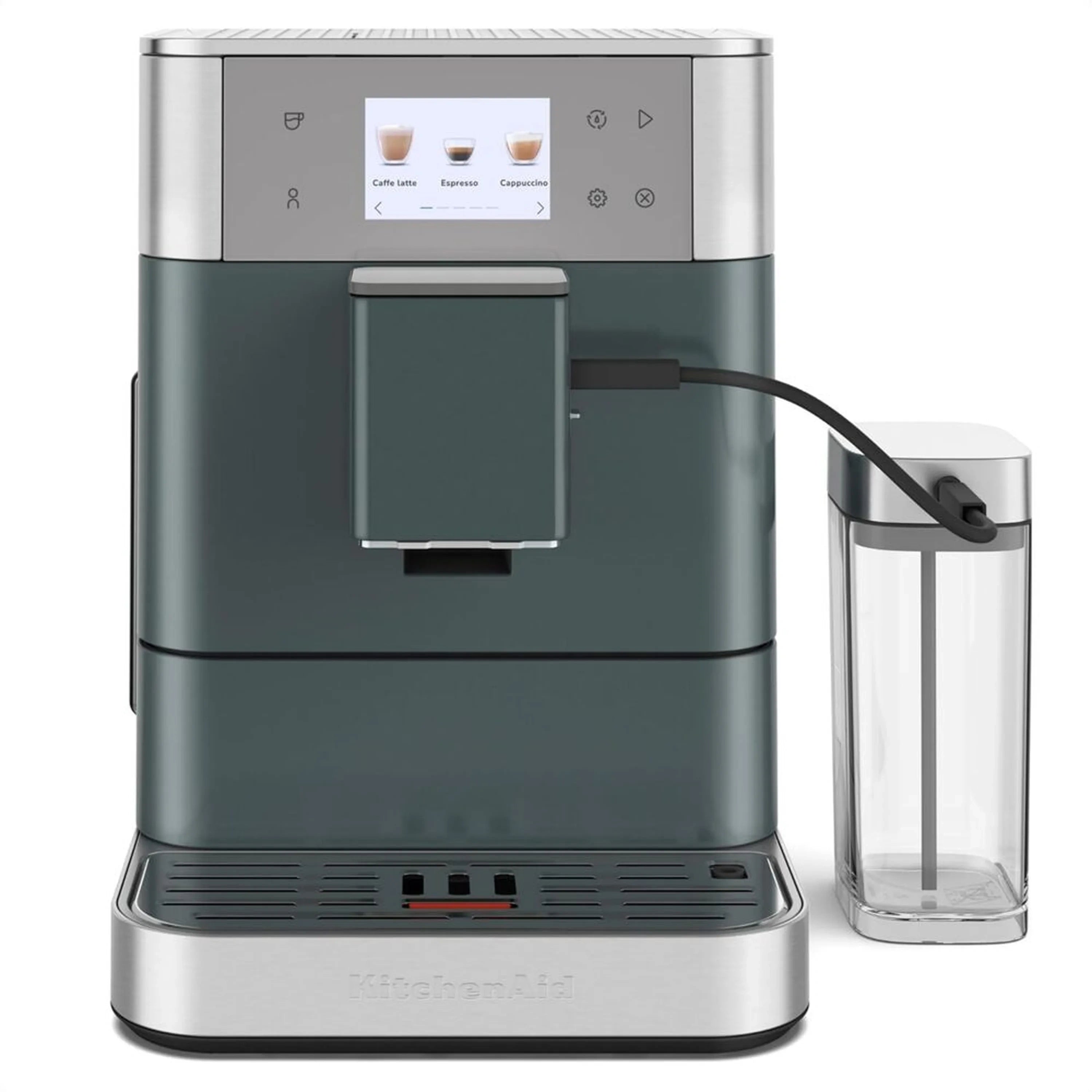 Juniper green fully automatic espresso machine with milk container and glass carafe