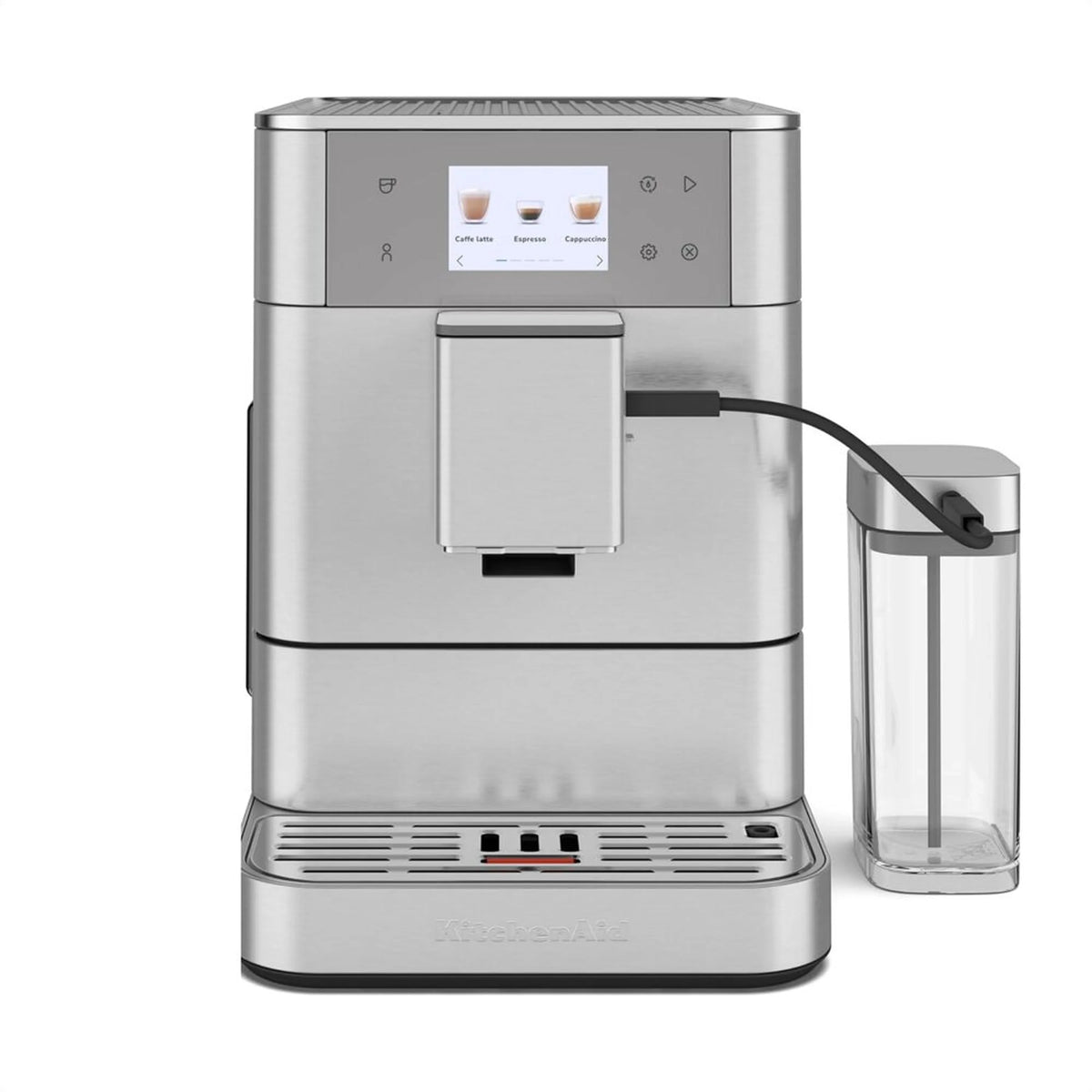 KitchenAid stainless steel fully automatic espresso machine with milk container and control panel
