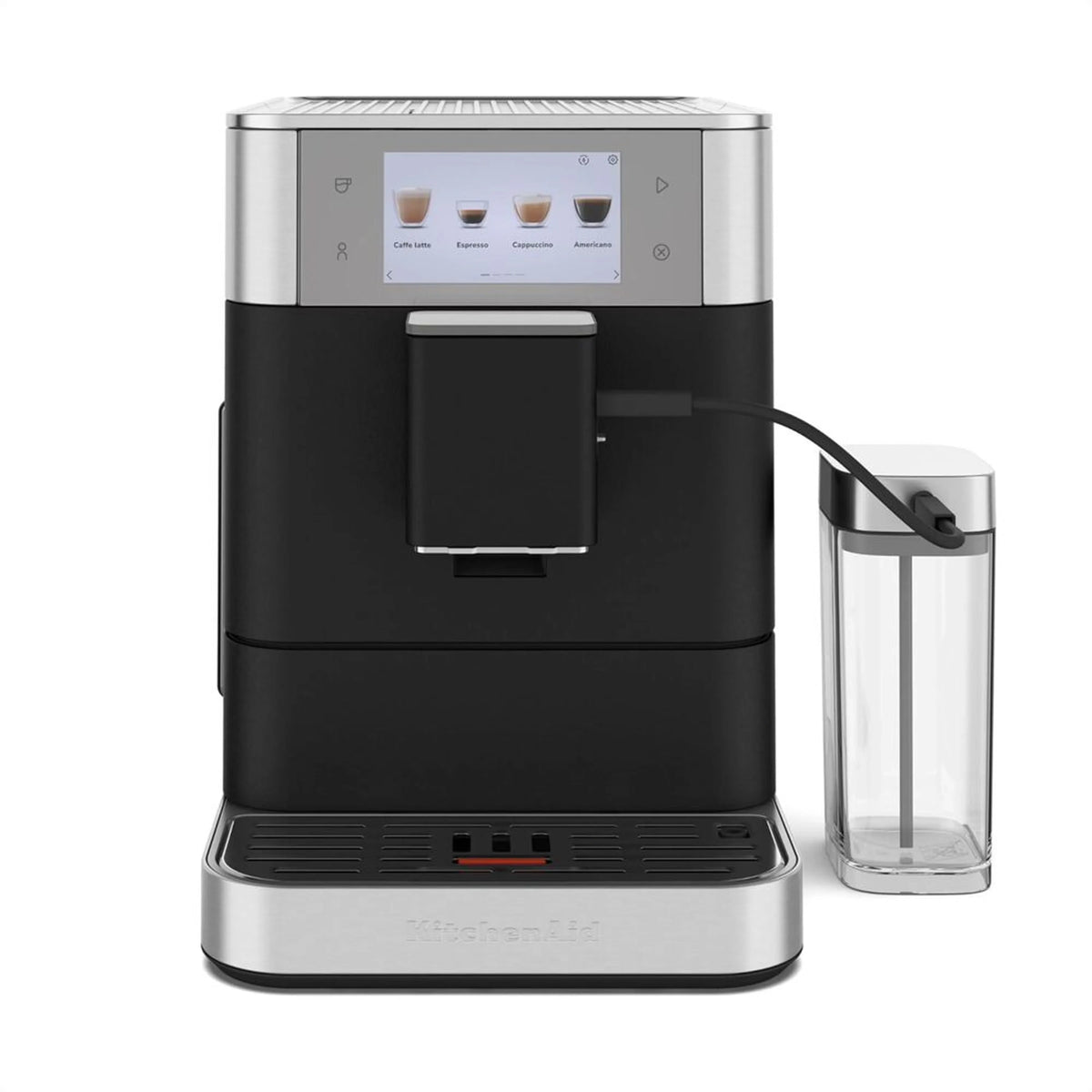 Black and stainless fully automatic espresso machine with milk container and water reservoir.