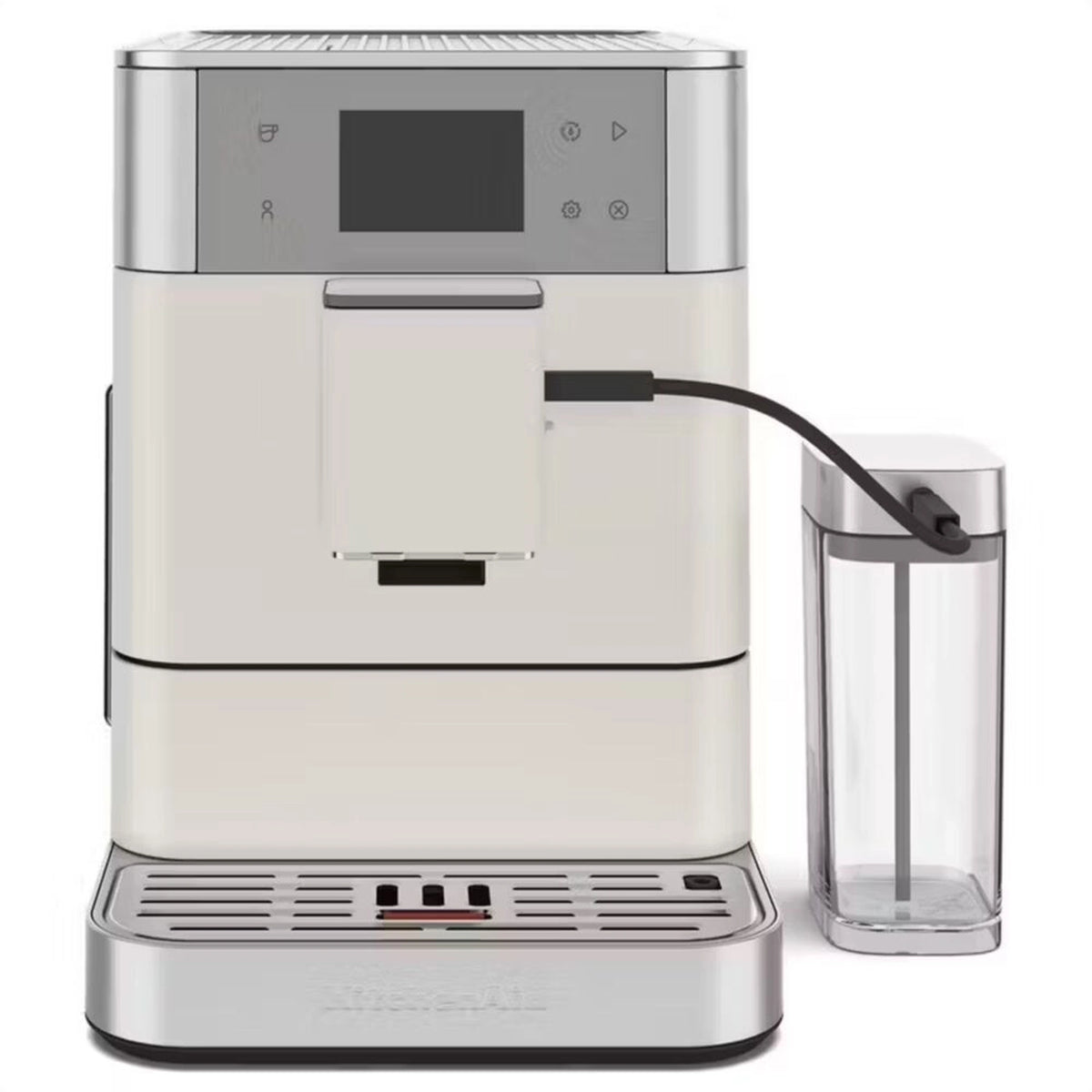 Porcelain white automatic espresso machine with touch display and milk container