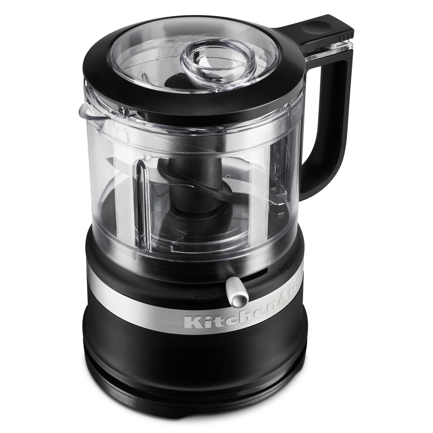Black-lidded food chopper with clear bowl, black base, and KitchenAid label