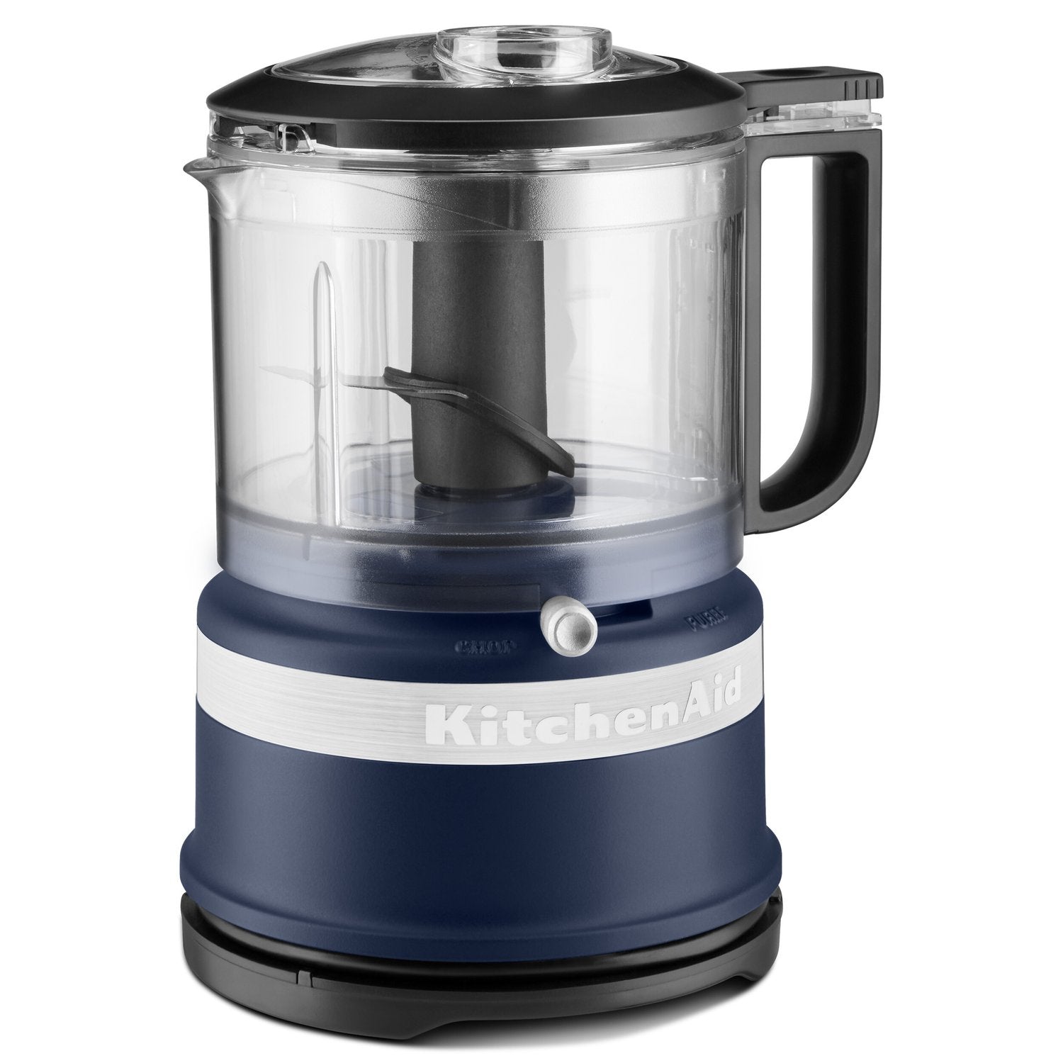 Kitchenaid food chopper with transparent container, blue motor base and black handle