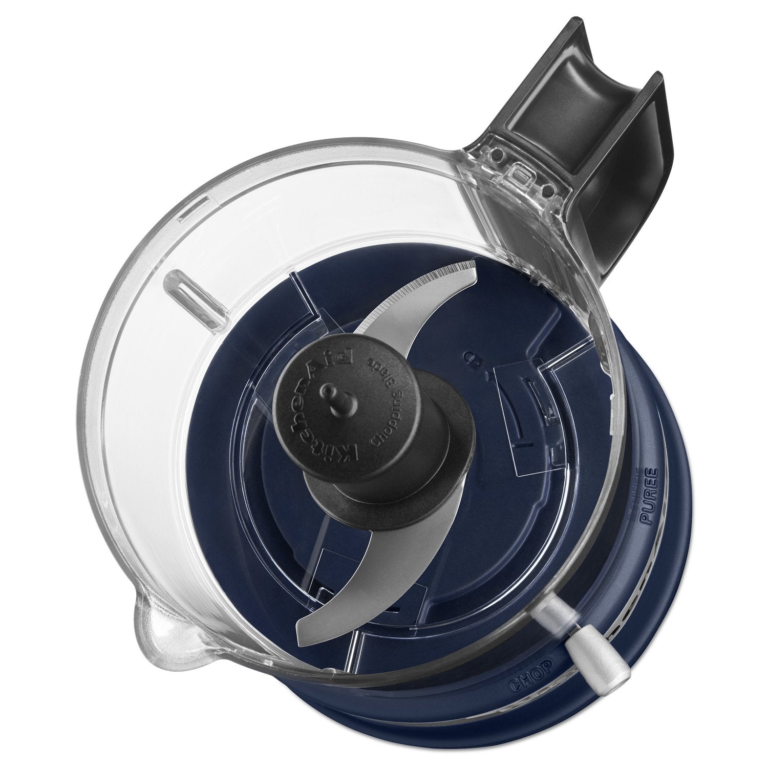 Kitchenaid food chopper lid and blades visible inside clear bowl, blue base