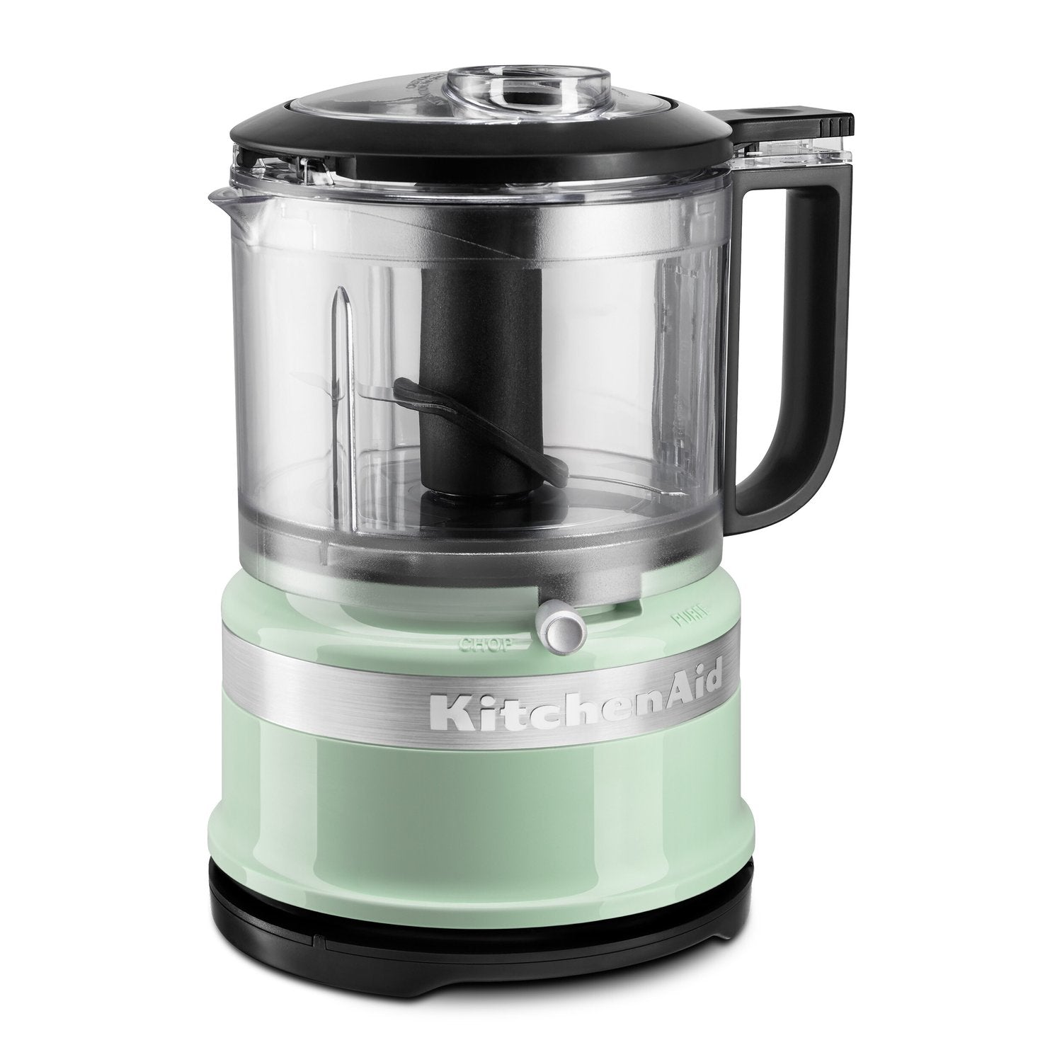 Food chopper with clear mixing bowl, black blade, mint base, and black handle