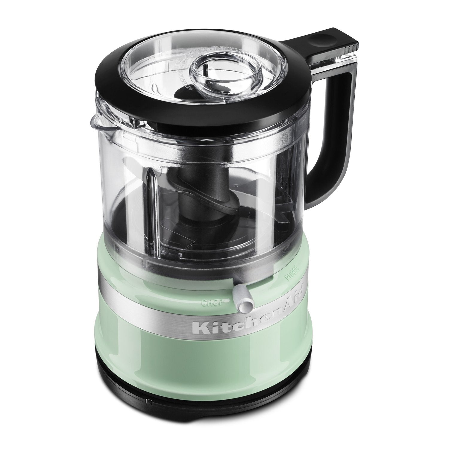 3.5-cup food chopper with clear bowl, mint base, and black lid and handle