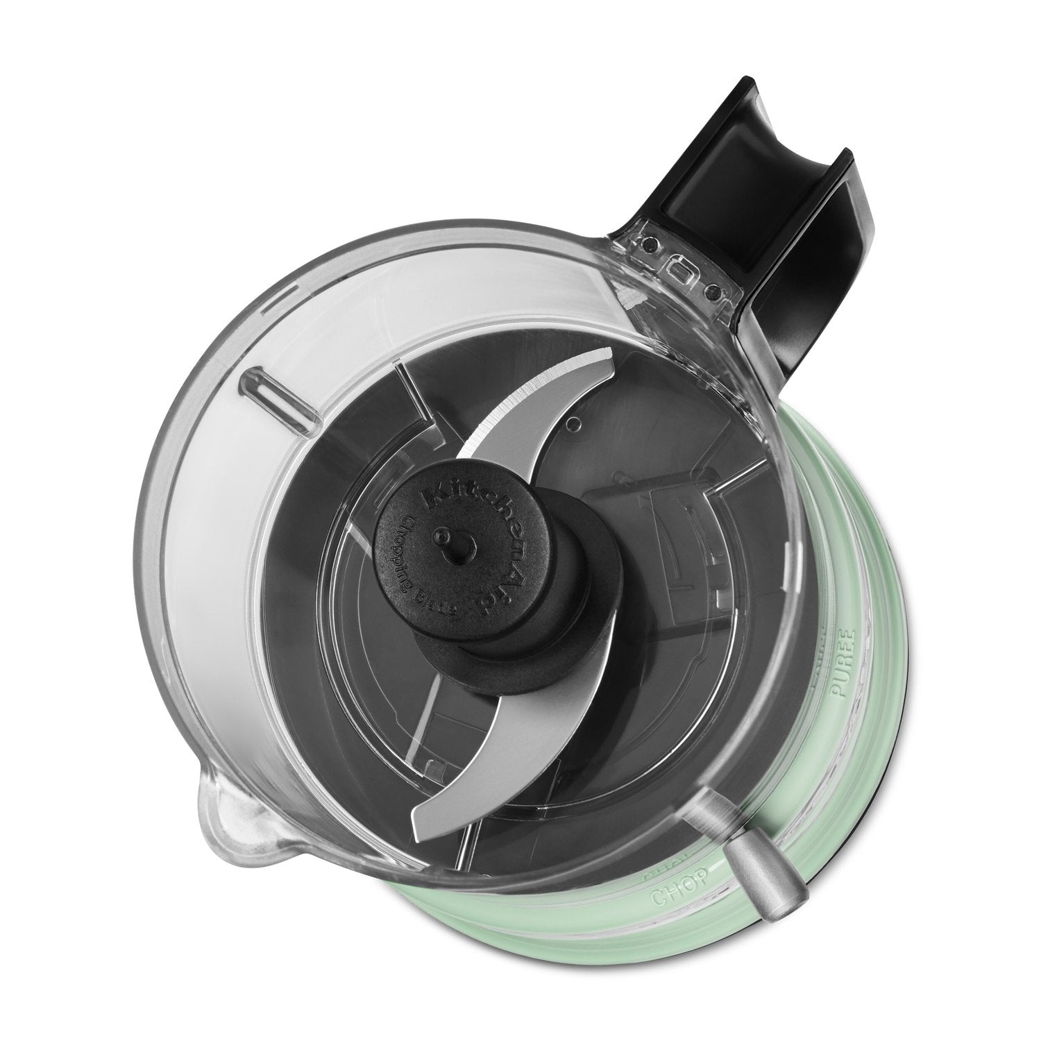 Food chopper bowl with black central blade, clear lid, and mint outer rim