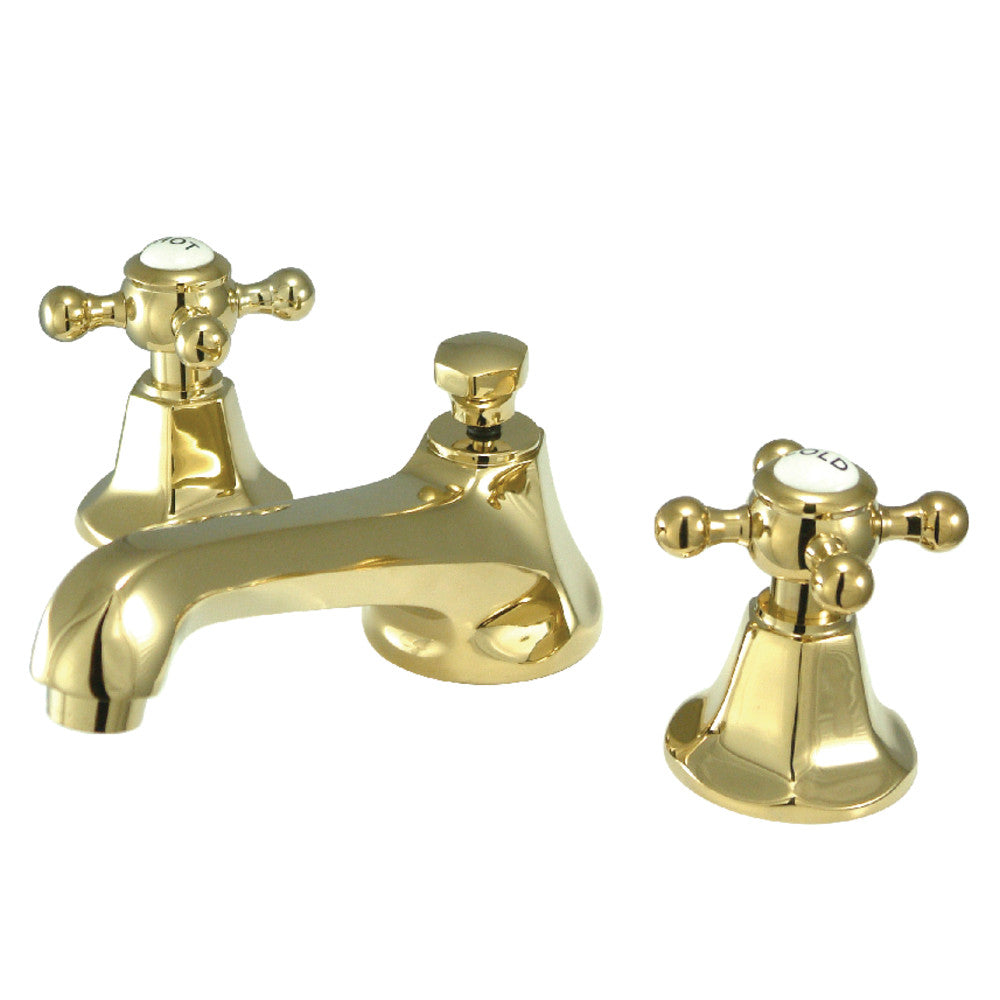 Polished brass widespread bathroom faucet with deck handles and pop-up drain