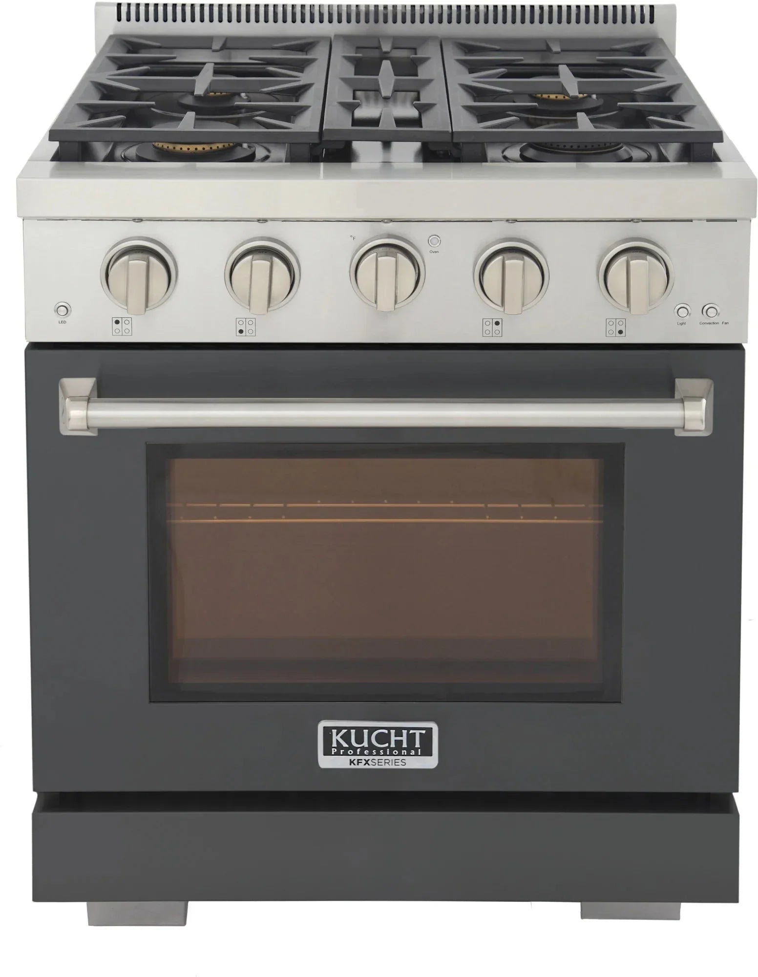 Cement gray propane gas range with five burners and oven door window