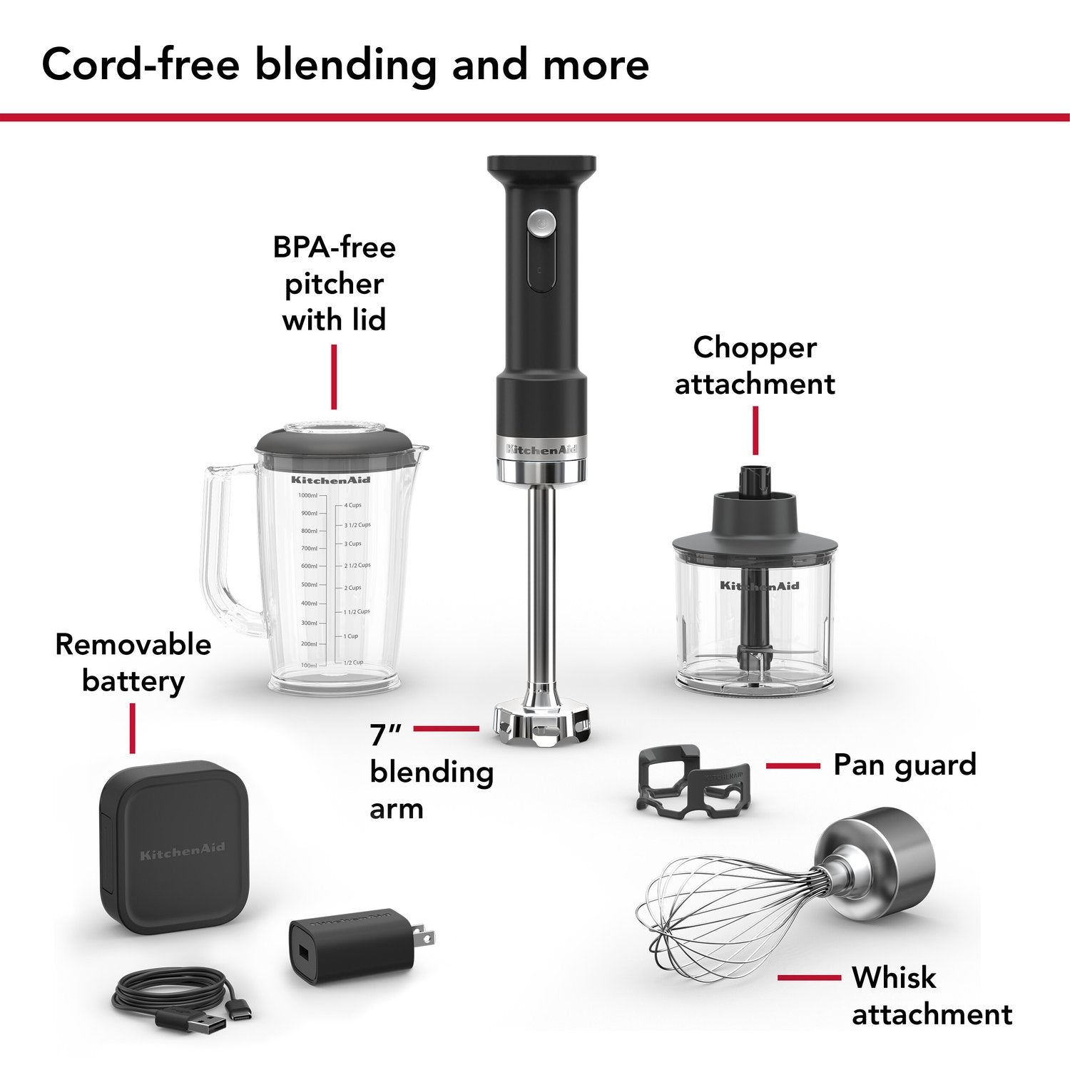 Cordless hand blender kit with BPA-free pitcher, chopper, whisk, and removable battery.
