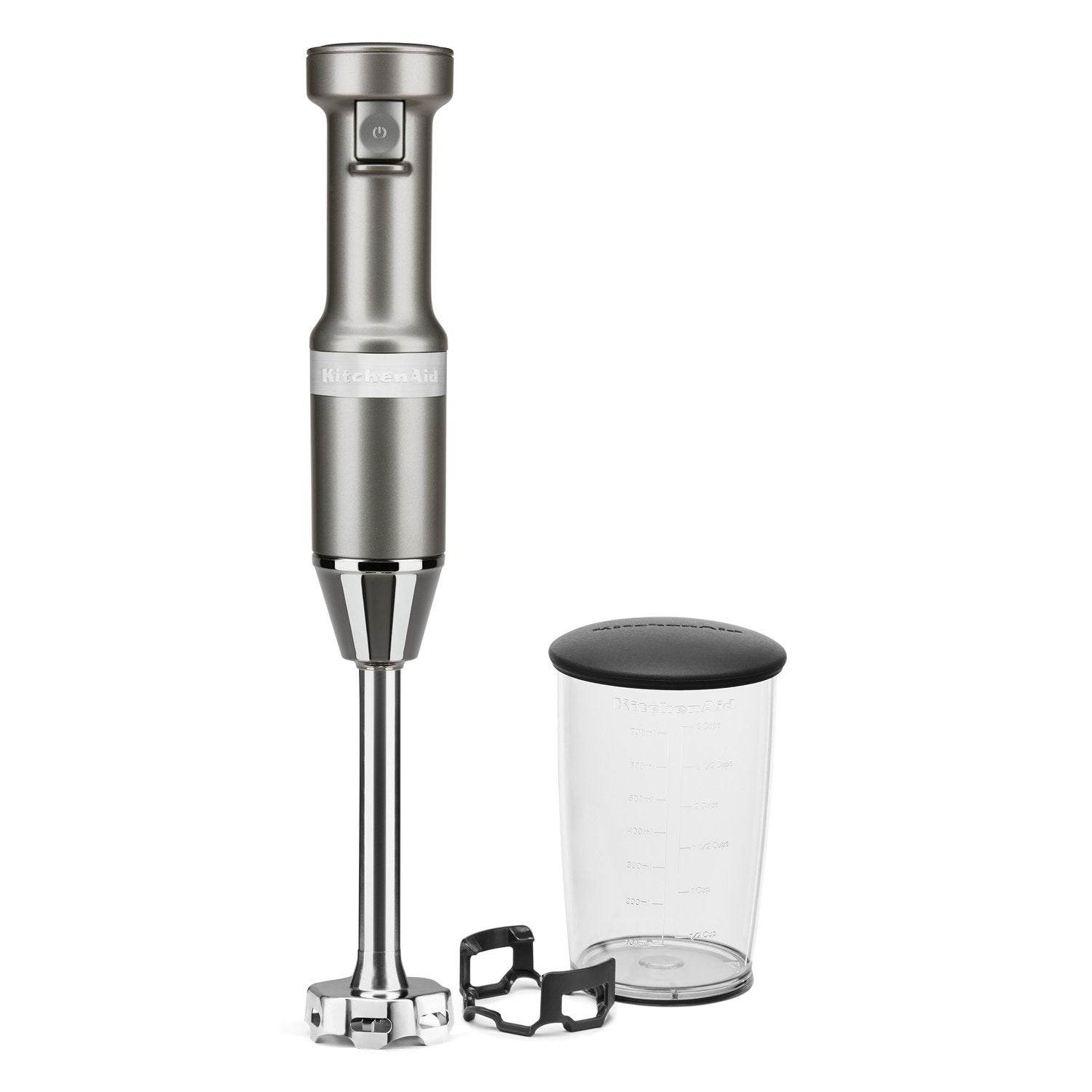 Contour Silver immersion blender with clear blending jar, lid, and blade base