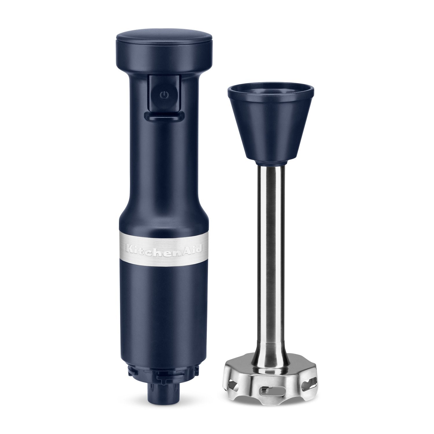 Ink blue immersion blender with blending shaft and countertop stand base