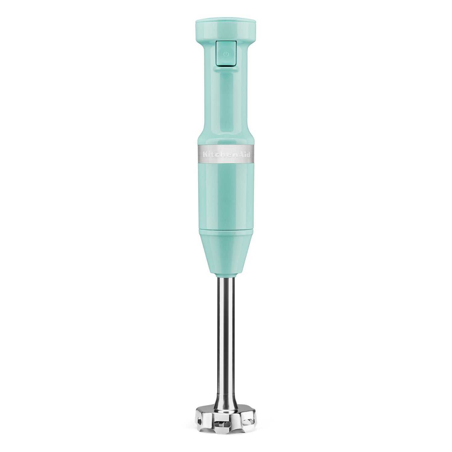 Ice blue immersion blender with stainless blending shaft and top button