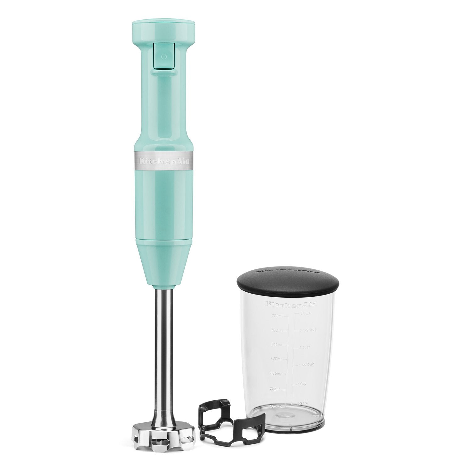 Ice blue immersion blender with stainless wand, blending jar, and black lid