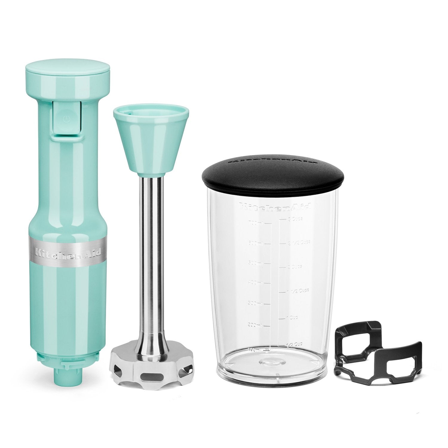 Ice blue immersion blender set with stainless shaft, blending jar, lid, and stand