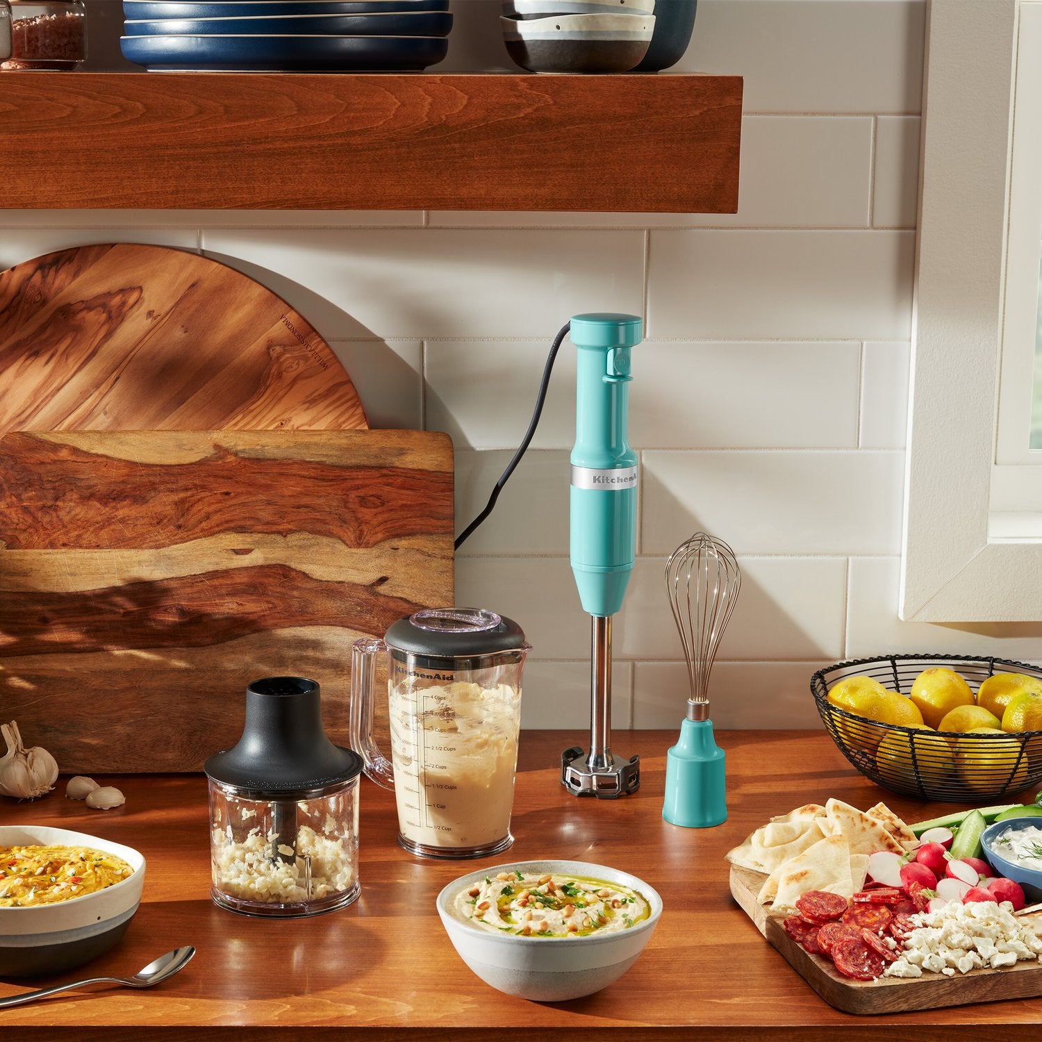Aqua immersion blender kit with blending jar, whisk, and blade attachments