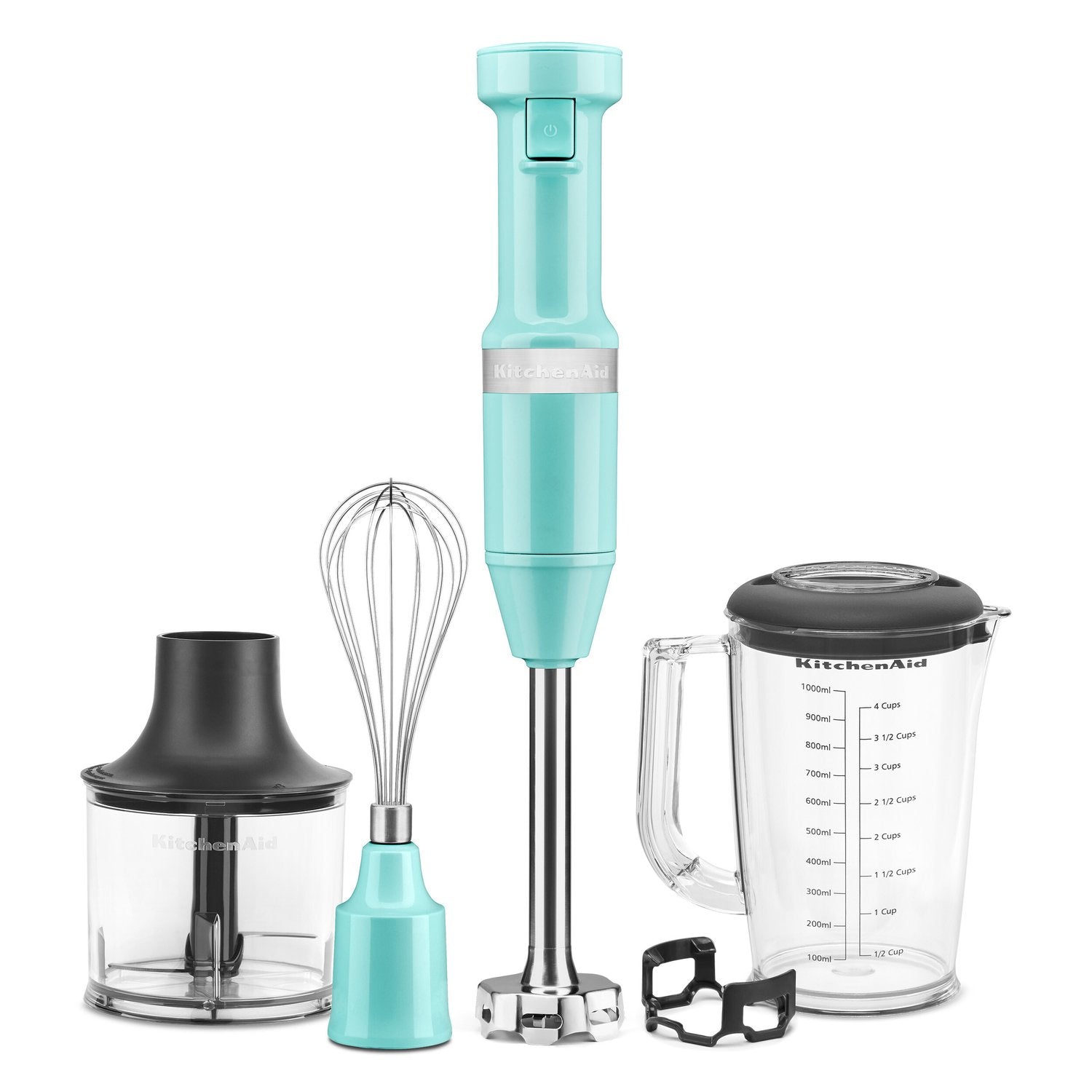 Aqua corded immersion blender with blending jar and lid, plus whisk and blade
