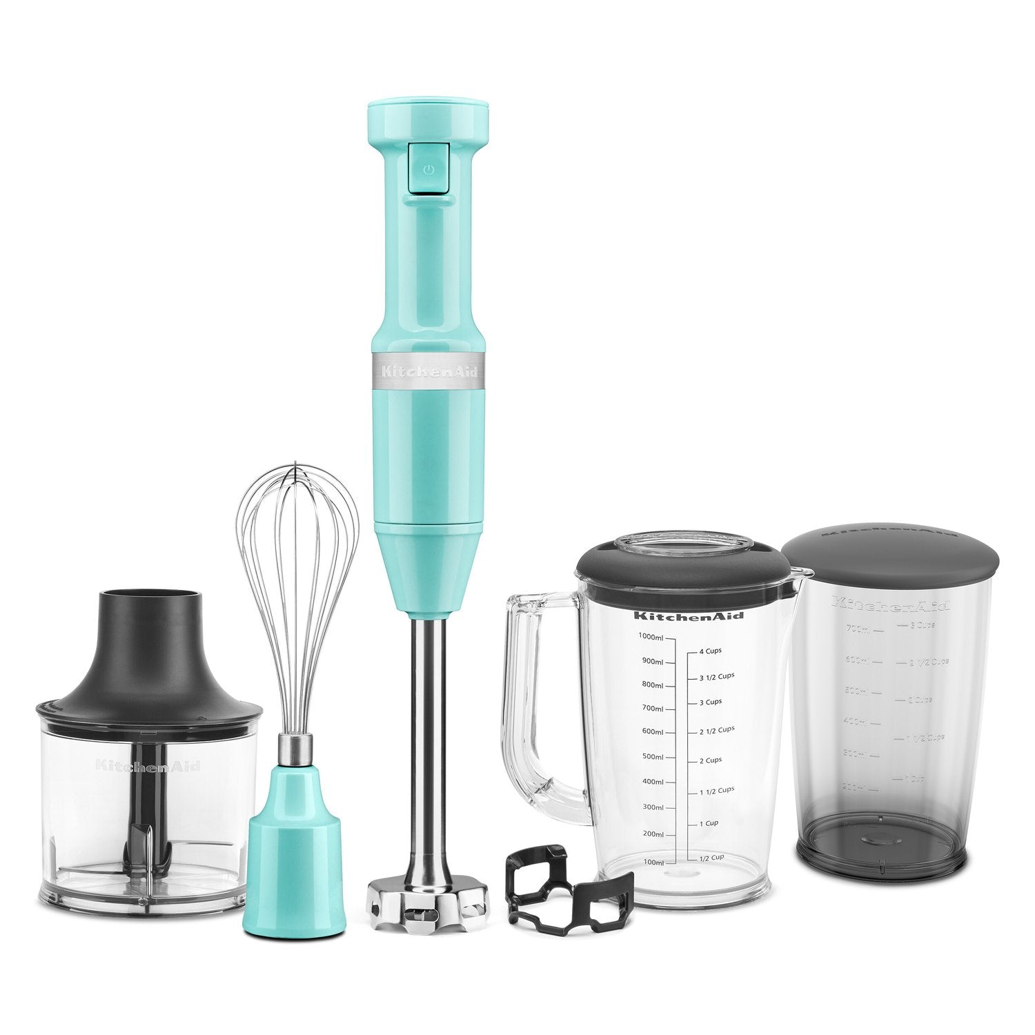 Aqua immersion blender with blending jar, lid, and whisk attachment set