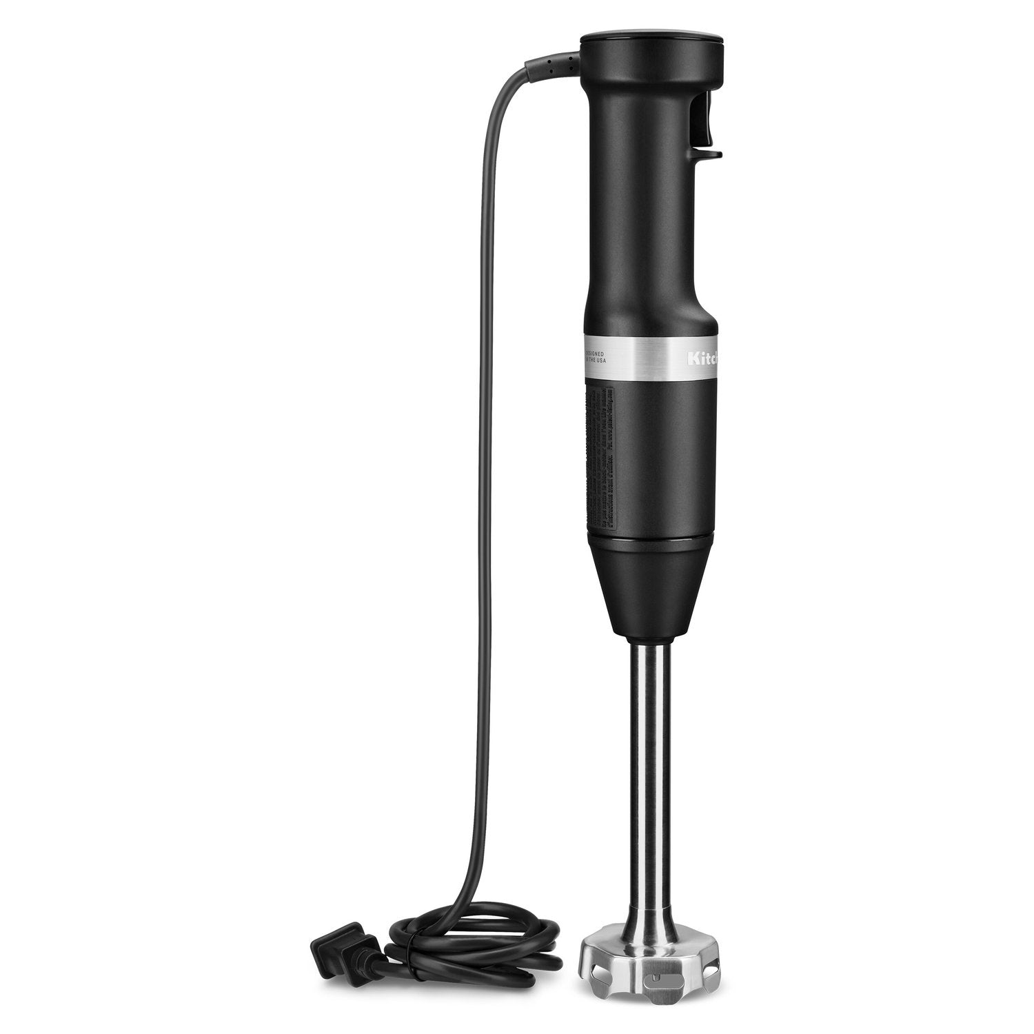 Black matte immersion blender with cord and metal blending base