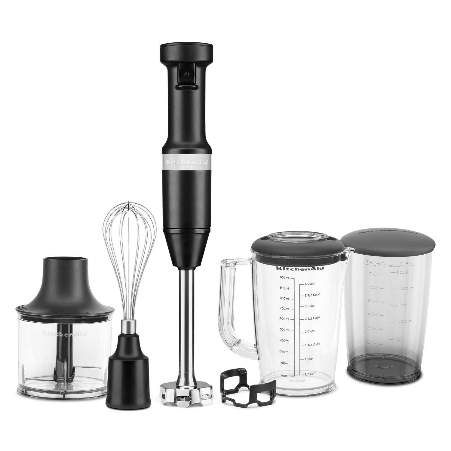Black matte immersion blender kit with blending jar, lid, whisk, and chopper
