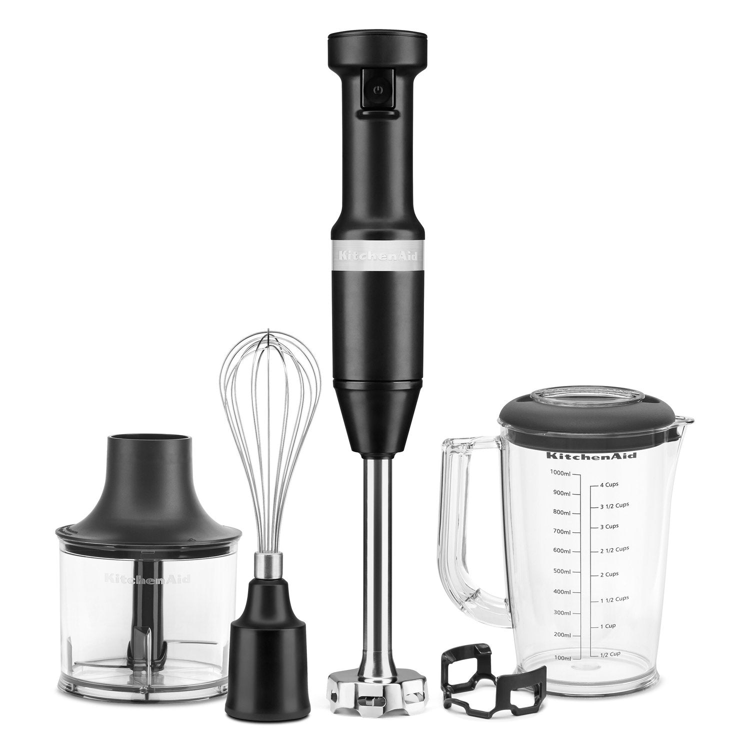 Black matte immersion blender with blending jar, lid, whisk, and extra blade base