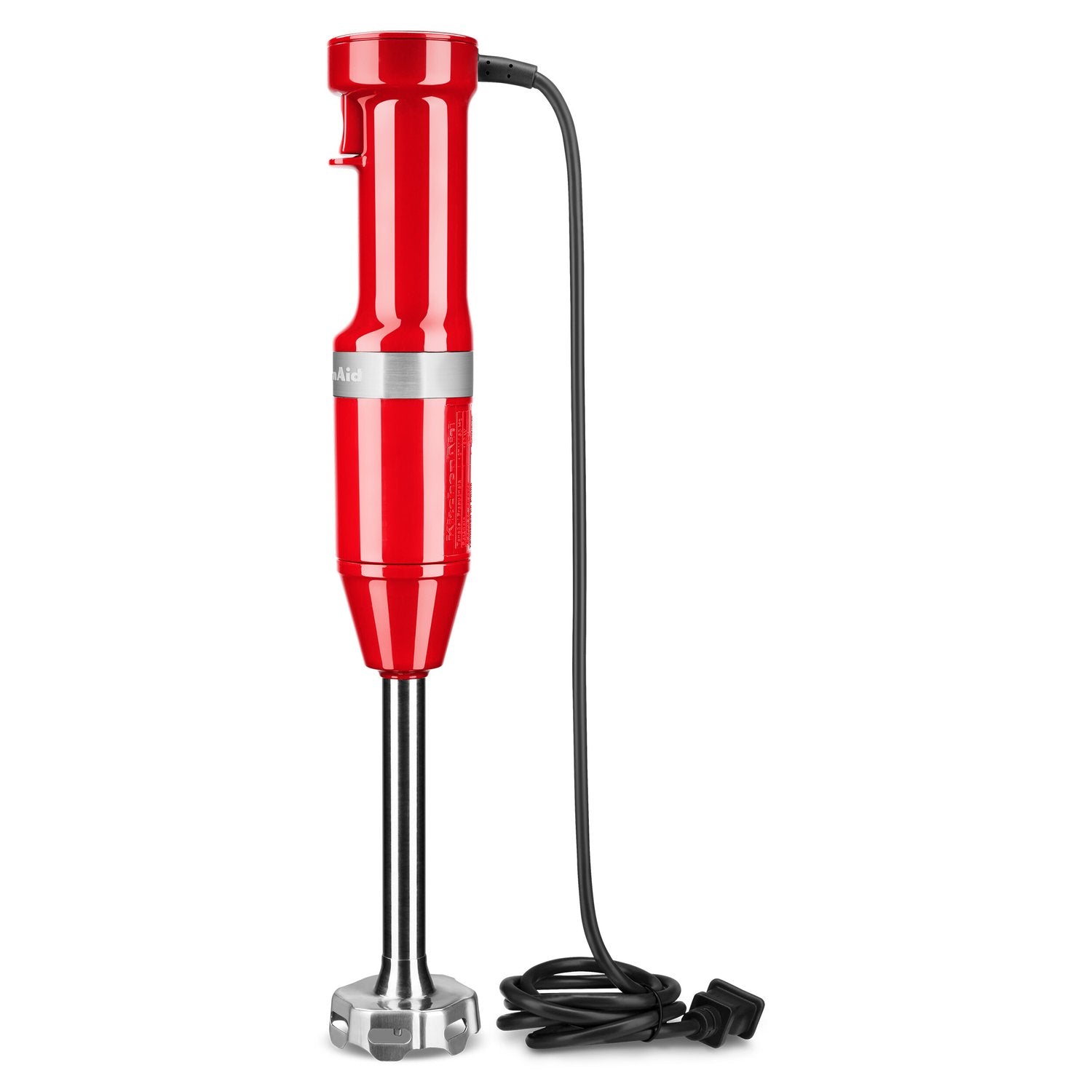 Red corded immersion blender with blending shaft and power cord