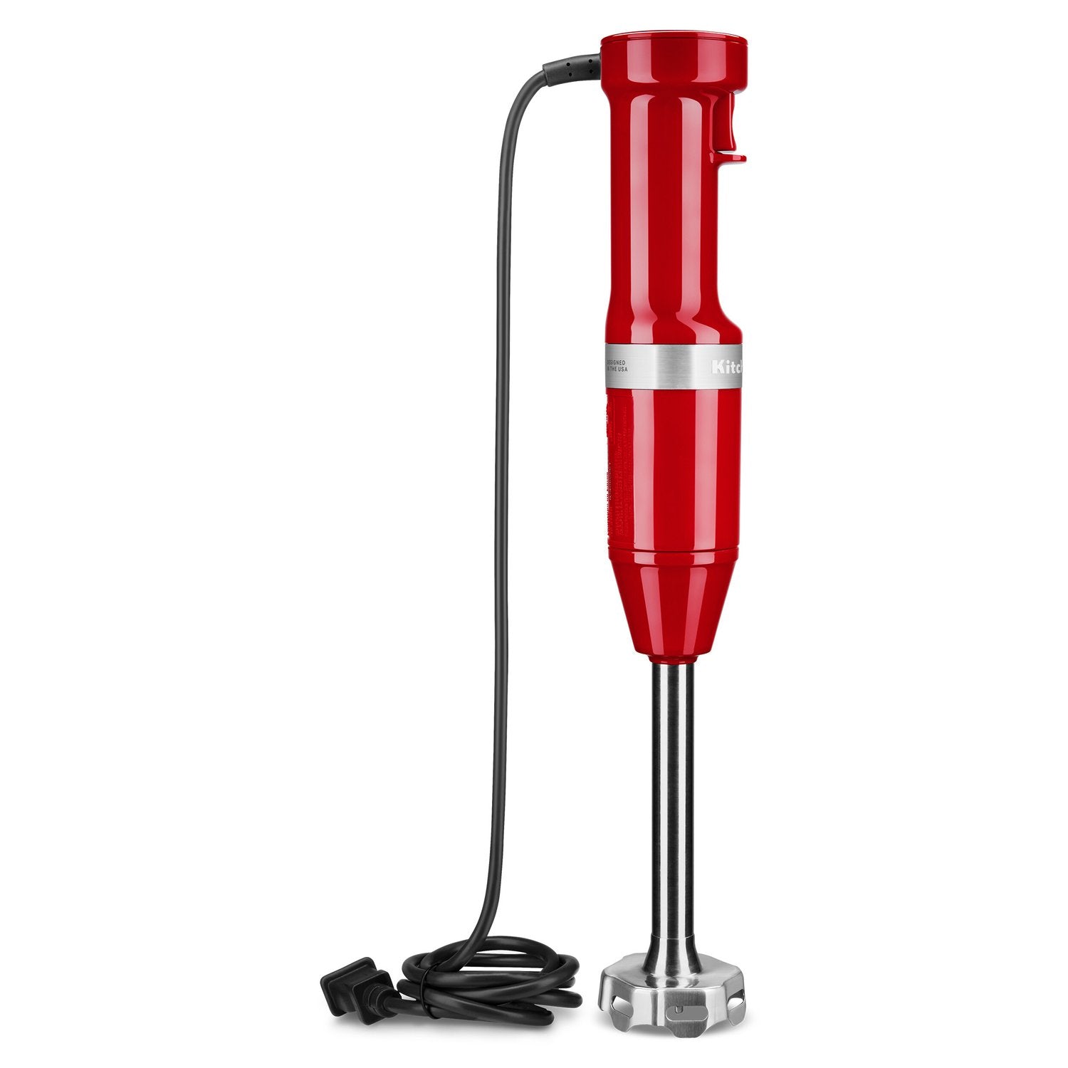 Red corded immersion blender with shaft, base, and bundled power cord