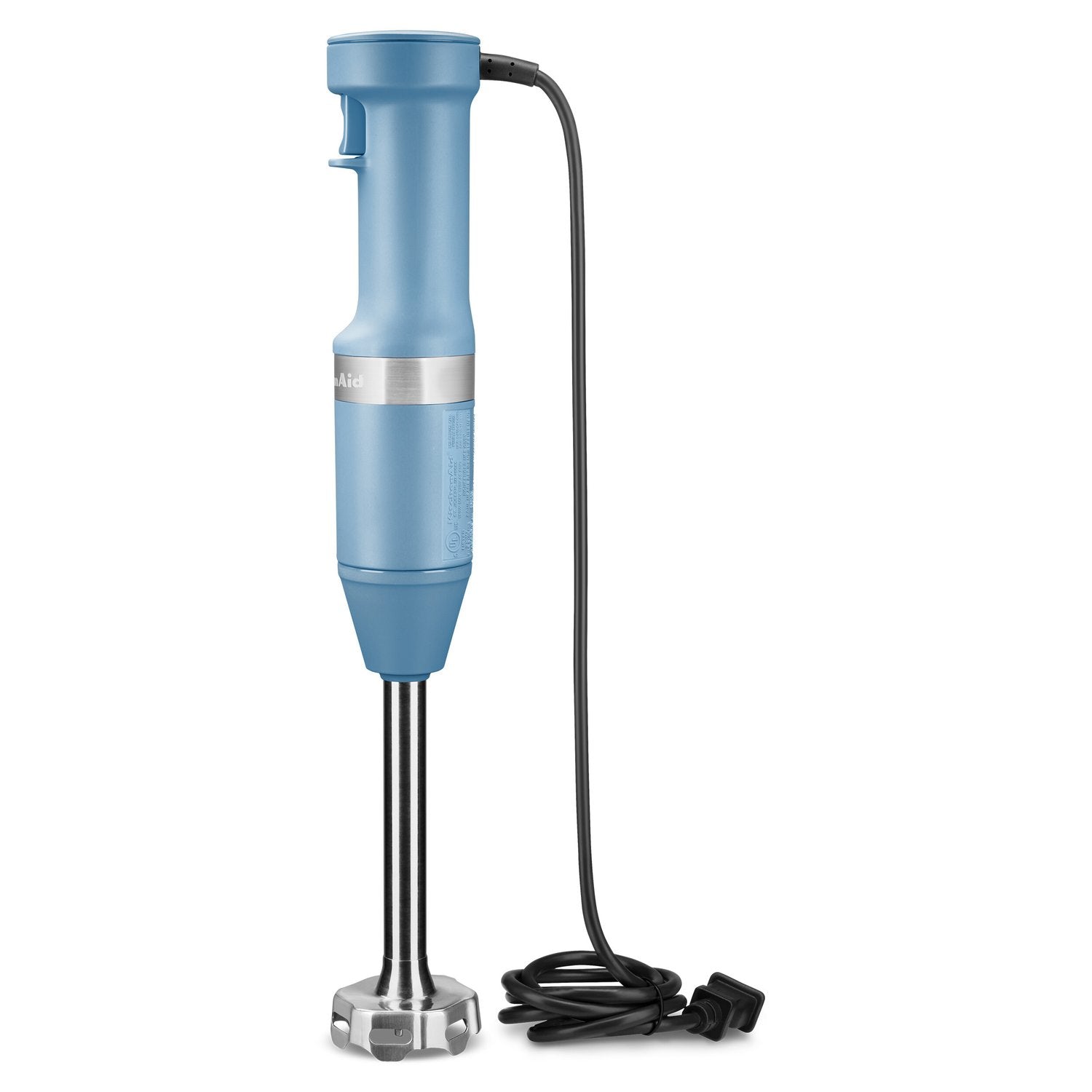 Blue corded immersion blender with blending shaft and stand base