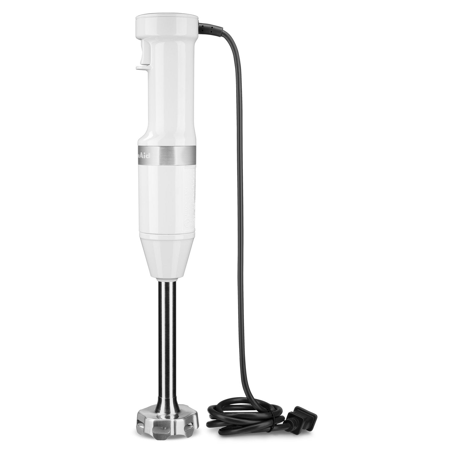 White corded immersion blender with blending shaft and black power cord
