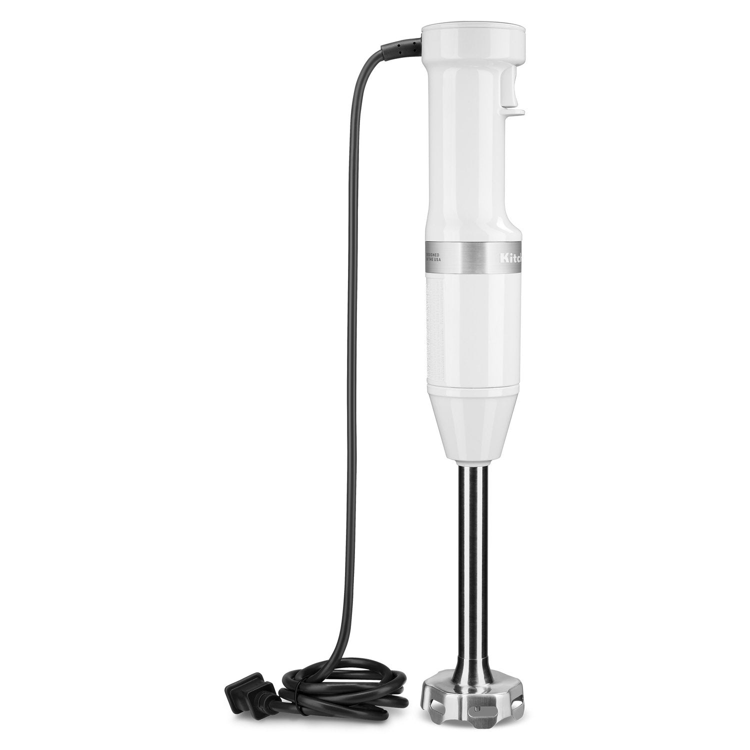 White corded immersion blender with coiled black power cord and base stand