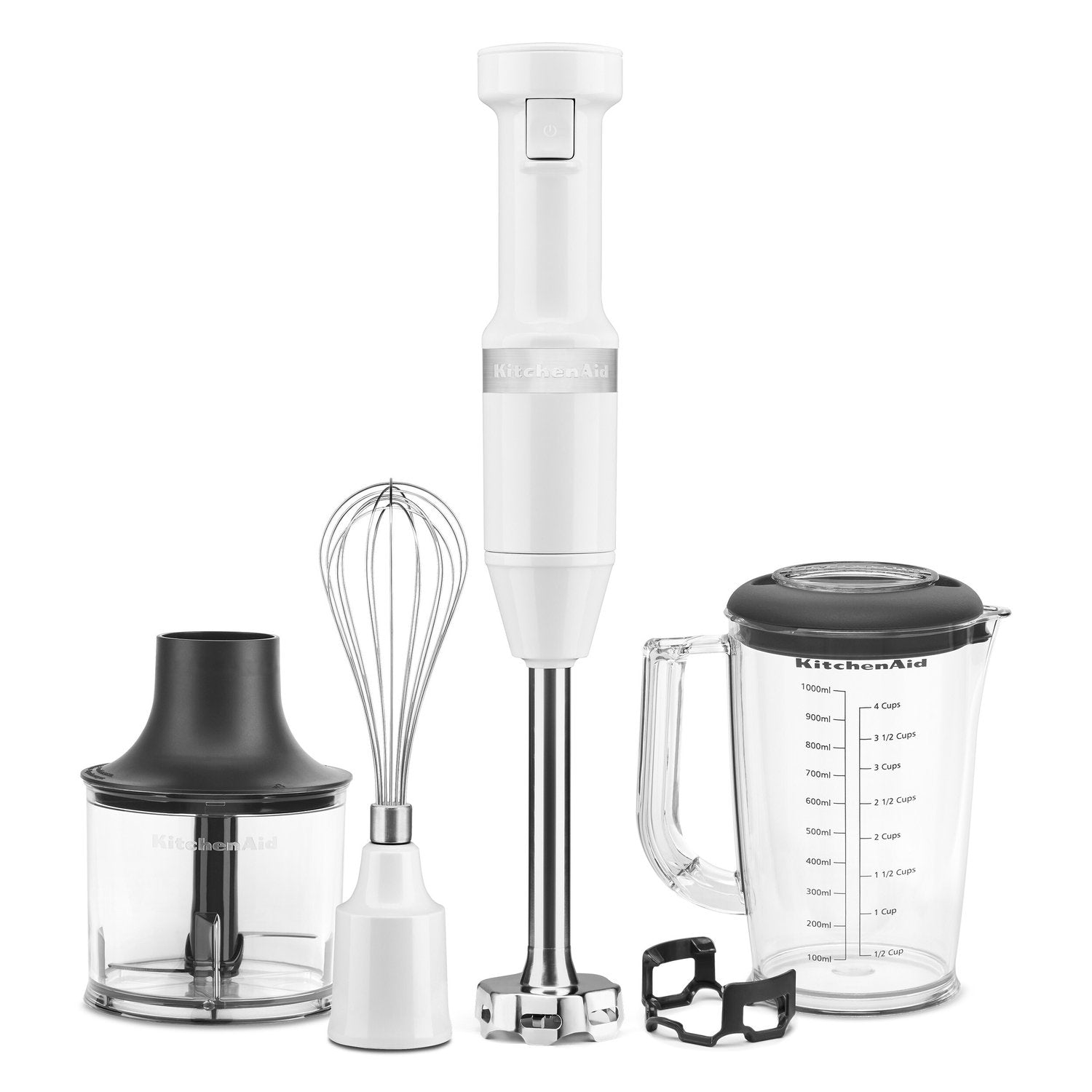 White immersion blender with whisk attachment and clear blending jar with lid