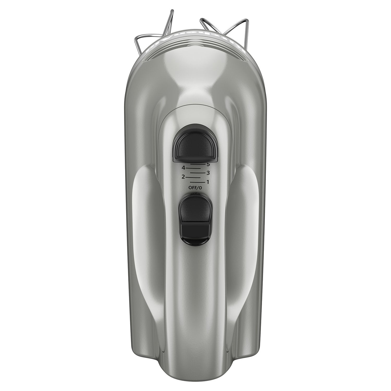 Silver 5-speed hand mixer with black speed control and wire whisk beaters